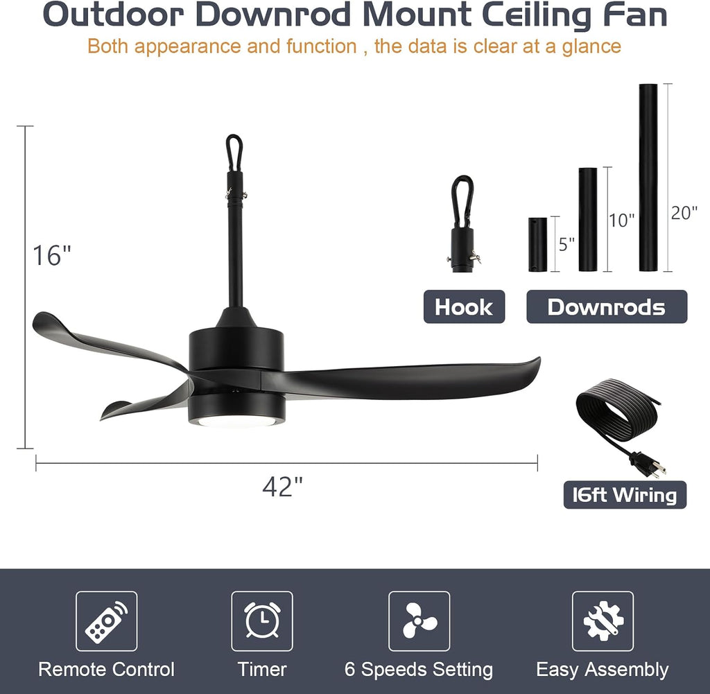 TIFEROR 42' Outdoor Ceiling Fan with Light and Remote, IP65 Waterproof Ceiling Fan for patios, Plug In with Hanging and Hook, 3-Colors LED, Lighting for Pergola, Canopy, Porch, Gazebo