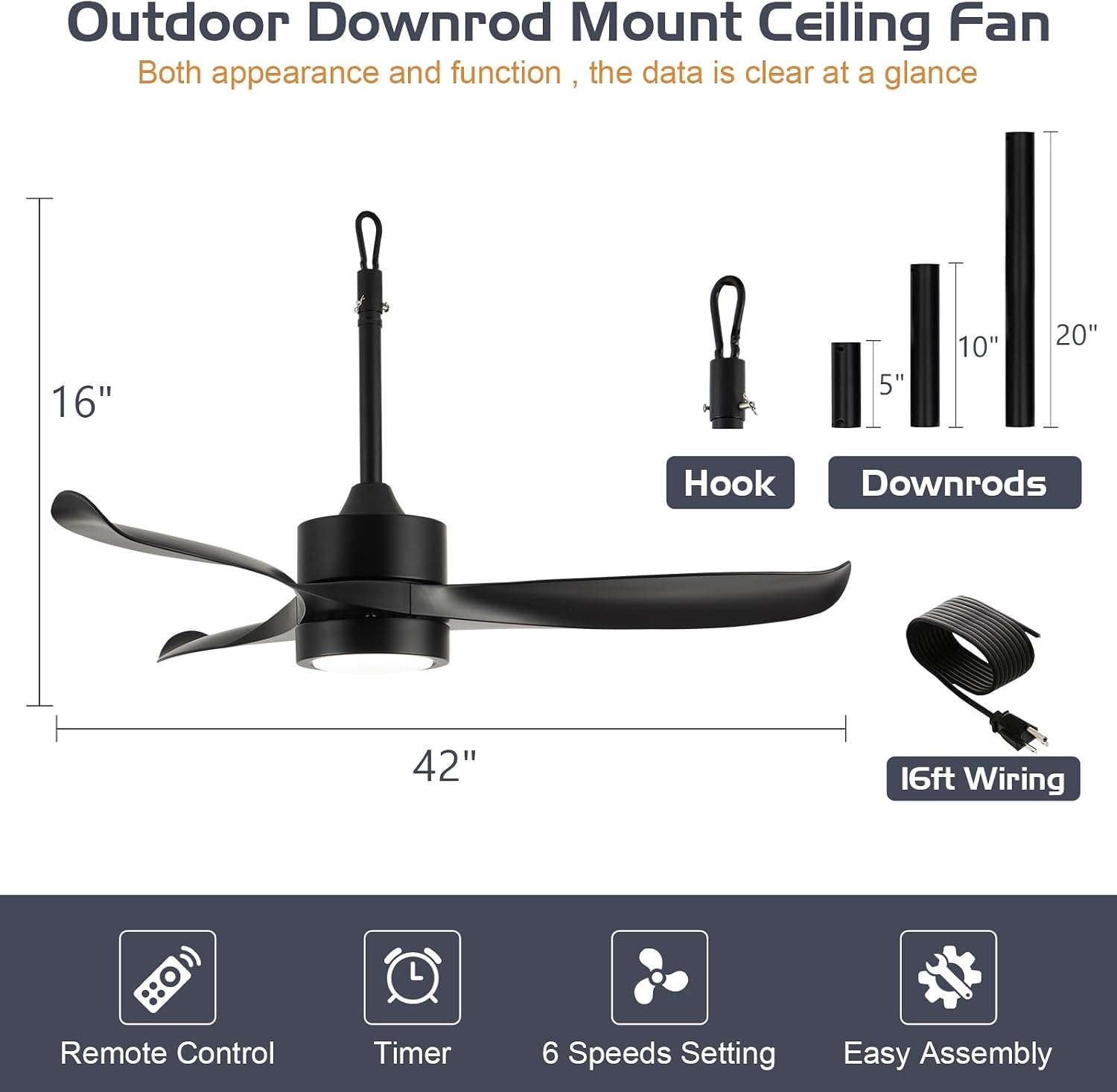 TIFEROR 42' Outdoor Ceiling Fan with Light and Remote, IP65 Waterproof Ceiling Fan for patios, Plug In with Hanging and Hook, 3-Colors LED, Lighting for Pergola, Canopy, Porch, Gazebo