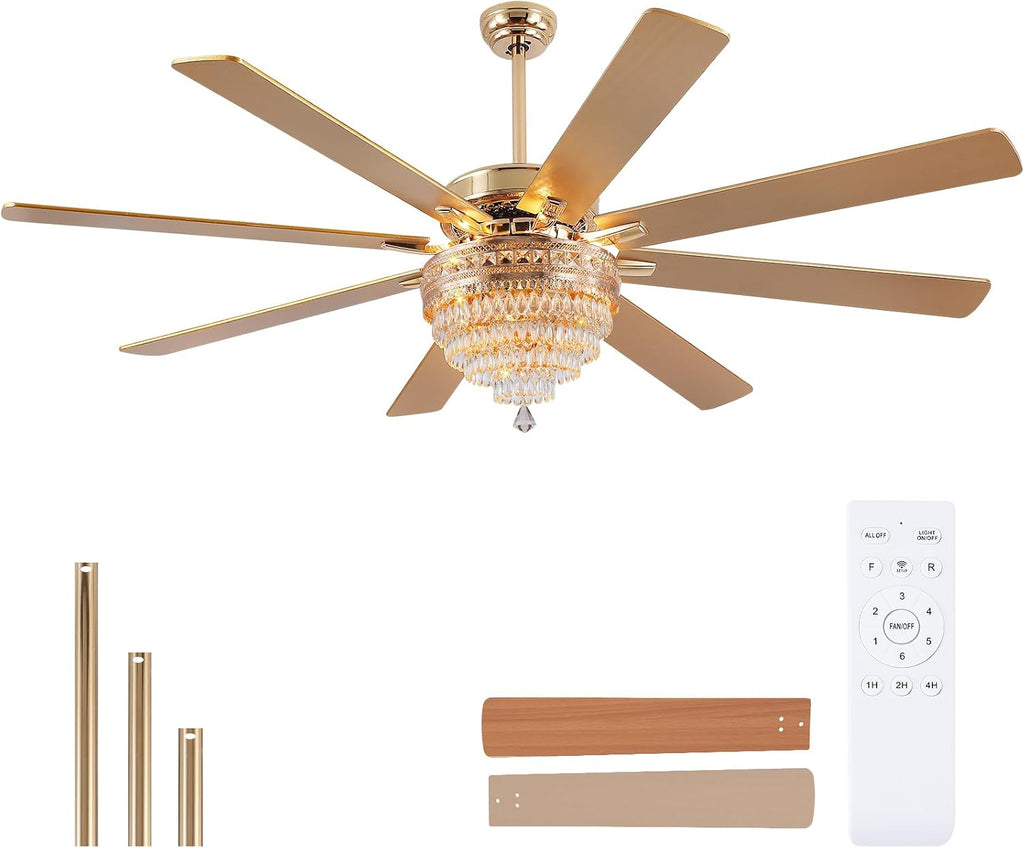 72 Inch Golden Crystal Ceiling Fan Fandelier with Lights,Large Modern Luxury Chandelier Ceiling Fans with Remote Control，Retro/Farmhouse Ceiling Fan with Light Fixture For Dining Room,Living Room
