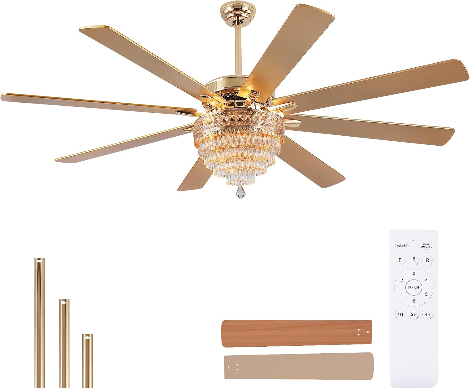 72 Inch Golden Crystal Ceiling Fan Fandelier with Lights,Large Modern Luxury Chandelier Ceiling Fans with Remote Control，Retro/Farmhouse Ceiling Fan with Light Fixture For Dining Room,Living Room