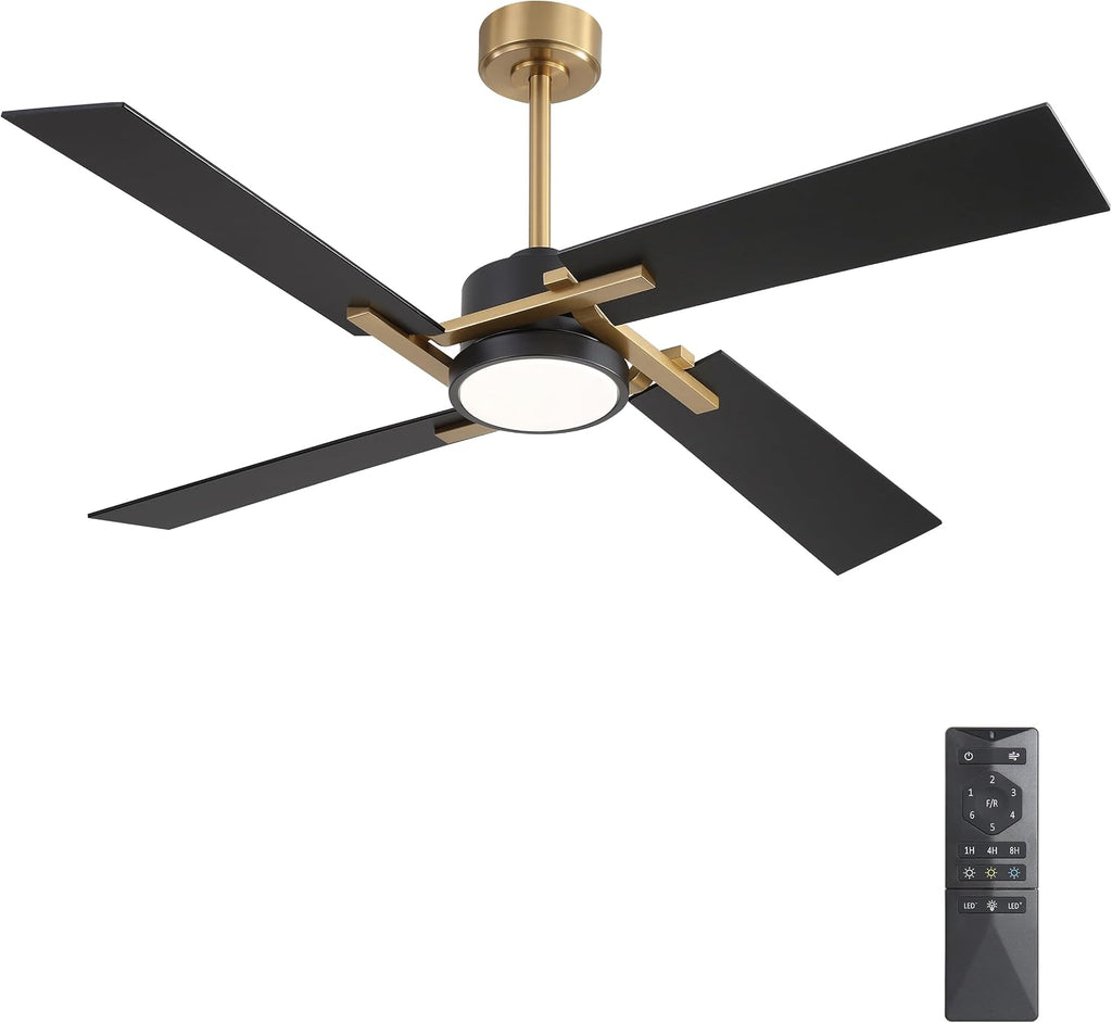 WINGBO 54 Inch Ceiling Fan with Light and Remote, 4 Plywood Blades, 6-Speed Reversible DC Motor, Dimmable, 3CCT, Farmhouse Ceiling Fan for Bedroom Living Room Kitchen, Brass and Black