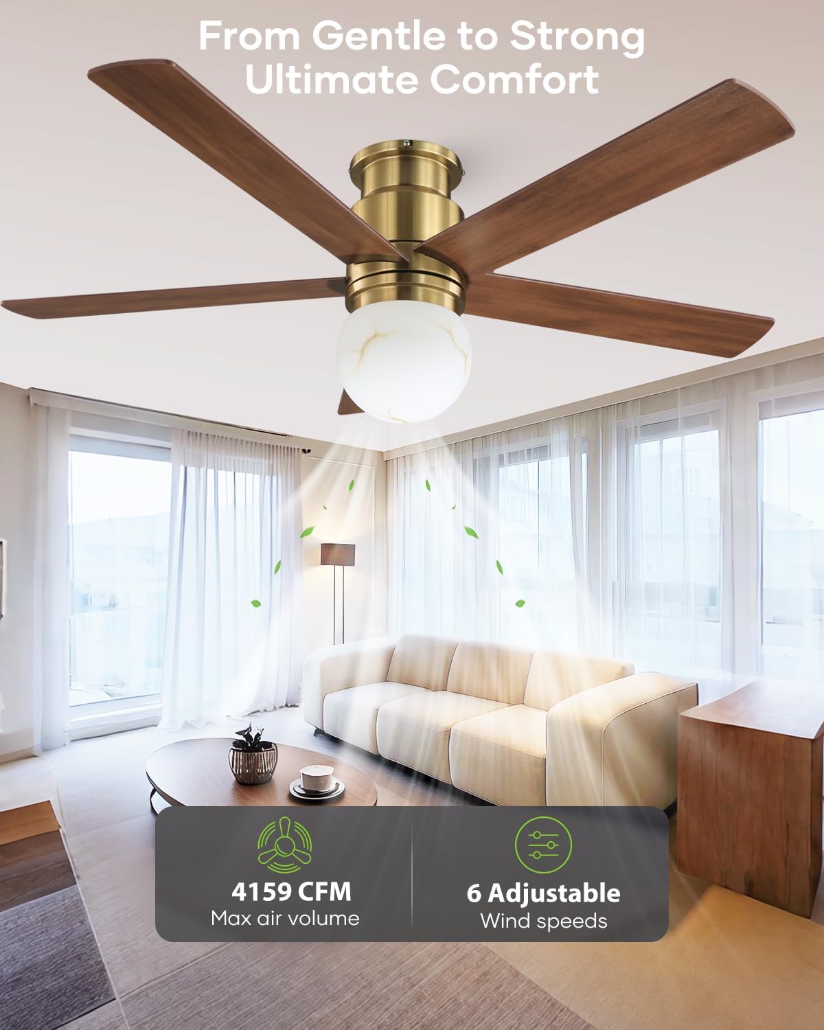 52' Low Profile Ceiling Fan with Light, Modern Flush Mount Brushed Gold Ceiling Fan Remote, Dimmable LED 3 Color Temp, Quiet Reversible DC Motor, Dual-Finish White/Walnut Blades