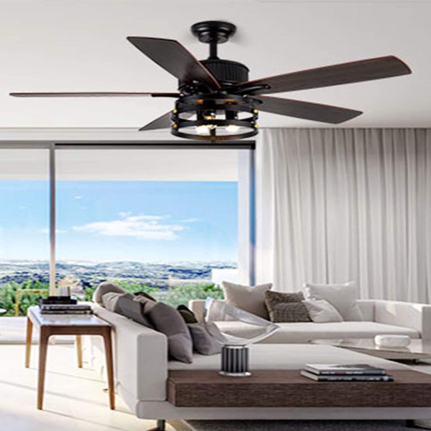 52 Inch Ceiling Fan with Light, Farmhouse Ceiling Fan with 5 Wood Dual Finish Blades,DC Motor Ceiling Fan High Airflow,Indoor Outdoor Ceiling Fans for Patios,Living Room(52Inch,Black)