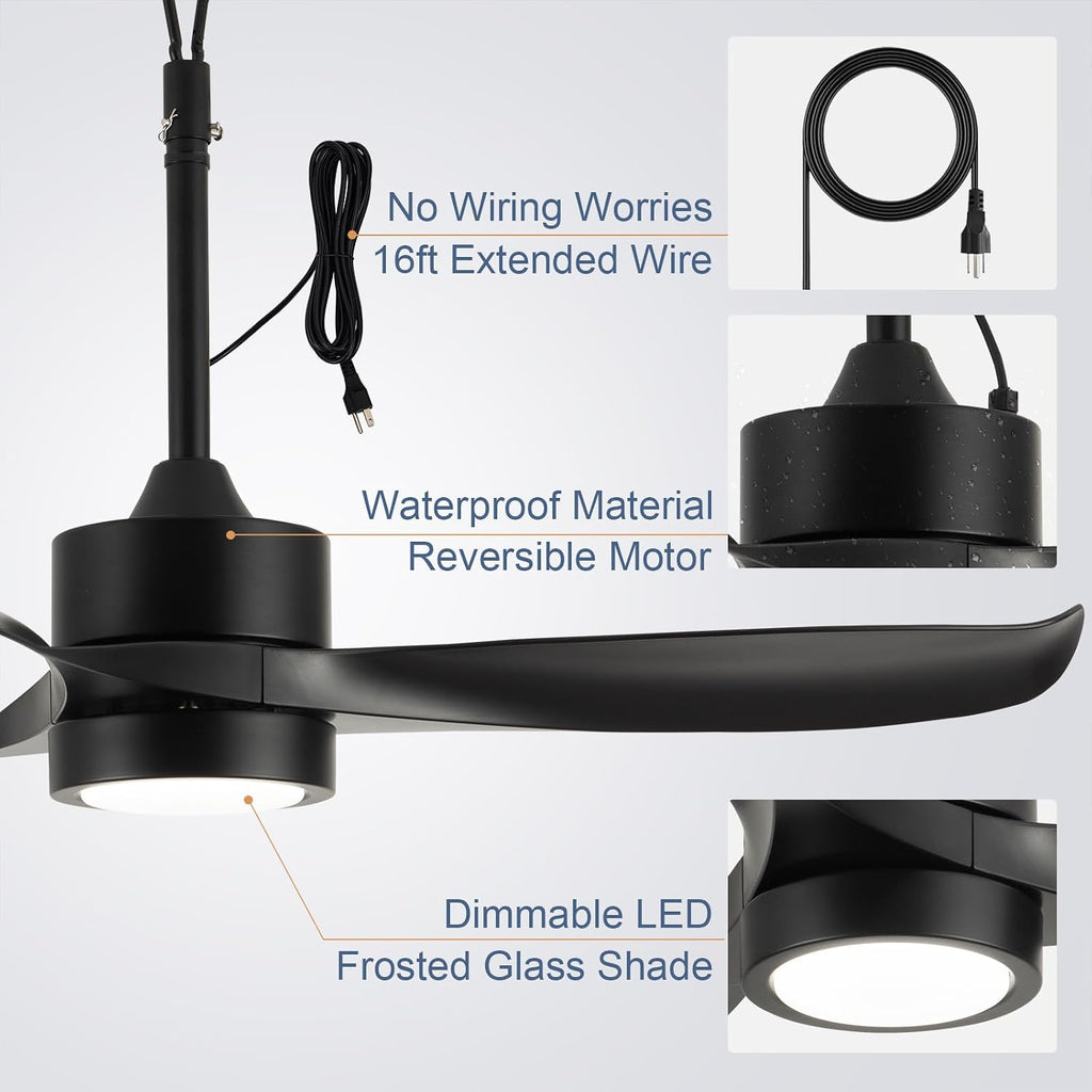 TIFEROR 42' Outdoor Ceiling Fan with Light and Remote, IP65 Waterproof Ceiling Fan for patios, Plug In with Hanging and Hook, 3-Colors LED, Lighting for Pergola, Canopy, Porch, Gazebo