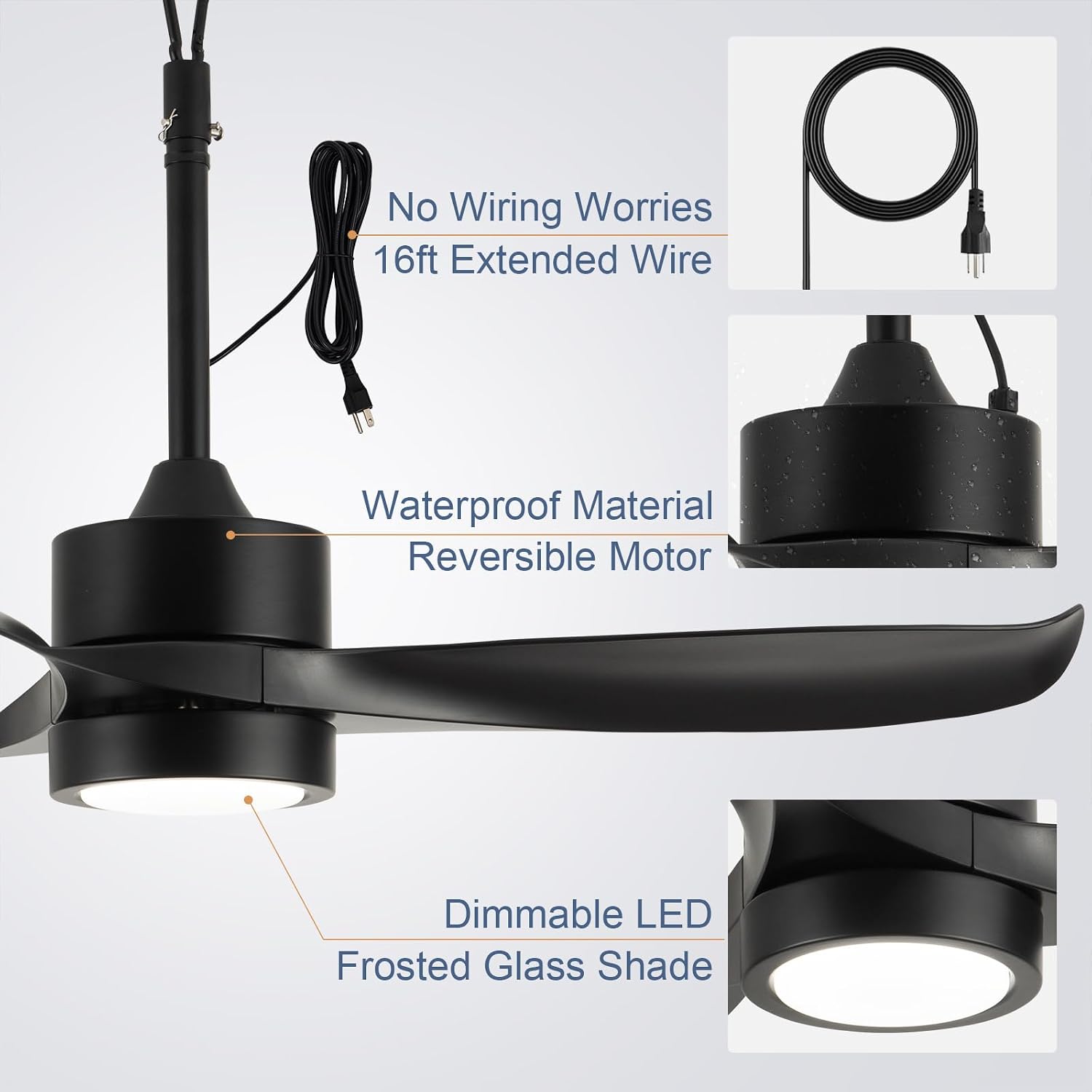 TIFEROR 42' Outdoor Ceiling Fan with Light and Remote, IP65 Waterproof Ceiling Fan for patios, Plug In with Hanging and Hook, 3-Colors LED, Lighting for Pergola, Canopy, Porch, Gazebo