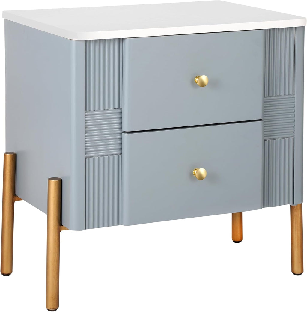 Christopher Knight Home Canyon Modern Nightstand with Golden Metal Handles and Legs, Bedside Table/End Table for Bedroom/Living Room, Multipurpose Storage Cabinet with 2 Drawers, Blue