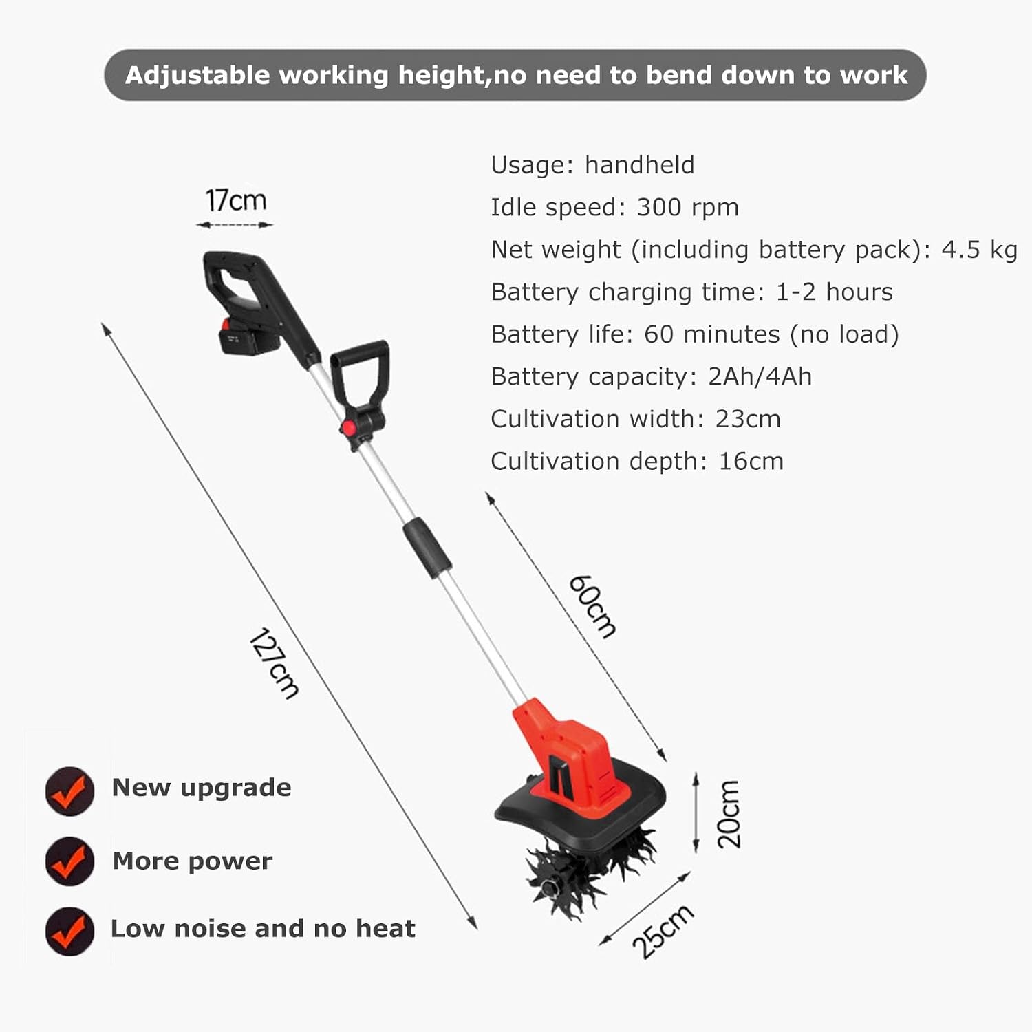 Electric Tiller 20V – Garden Soil Cultivator/Rotavator – 4 Steel Blades,25cm Working Width/22cm Working Depth