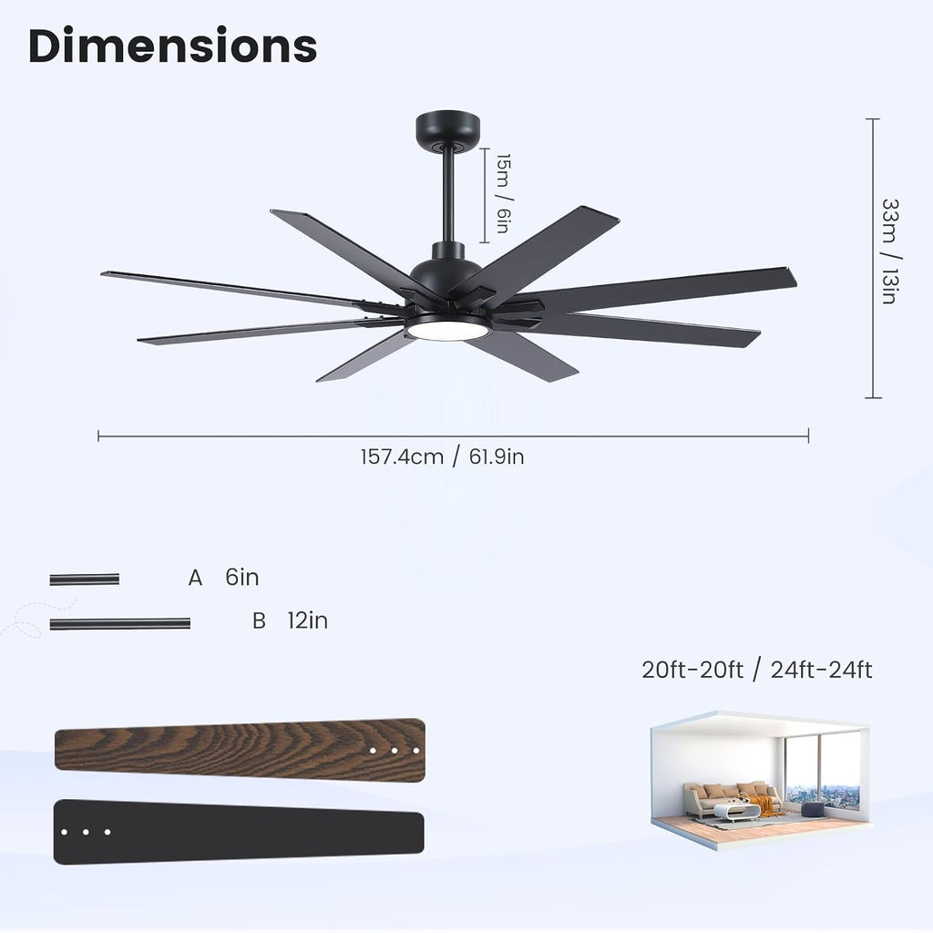 Newday 62 inch Large Ceiling Fans with Lights and Remote, Indoor/Outdoor Black Modern Ceiling Fan for Kitchen Living Room Patio, 6 Speed Reversible Quiet DC Motor, 3 CCT, Dual Finish 8 Blades
