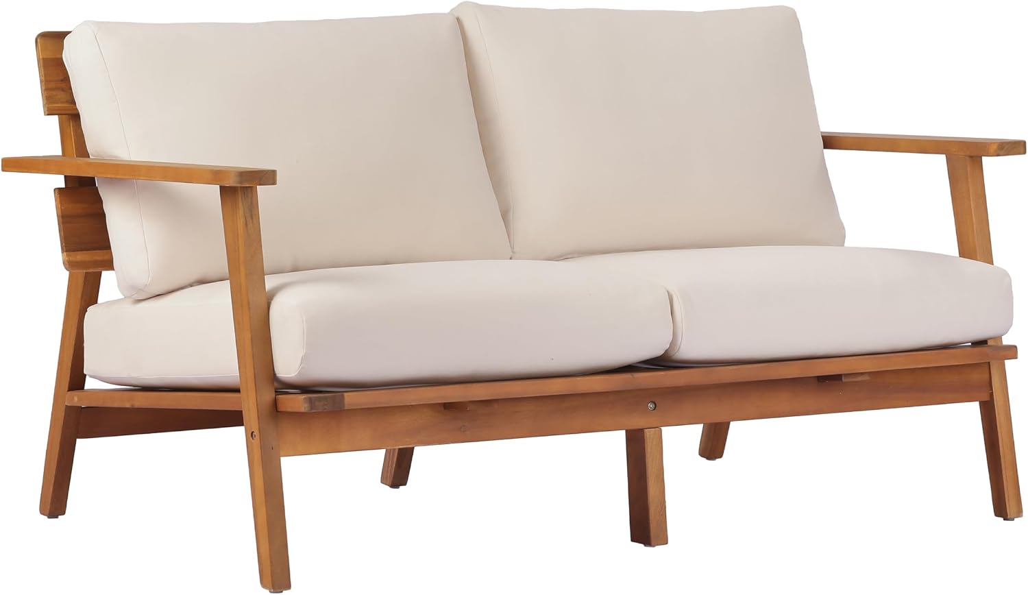 Christopher Knight Home Colmar 2 Pieces Conversation Set, Mid Century Patio Loveseat Sofa and Coffee Table, Outdoor Acacia Wood Loveseat and Table Set with Cushions in Slats Panels Design, Teak+ Beige