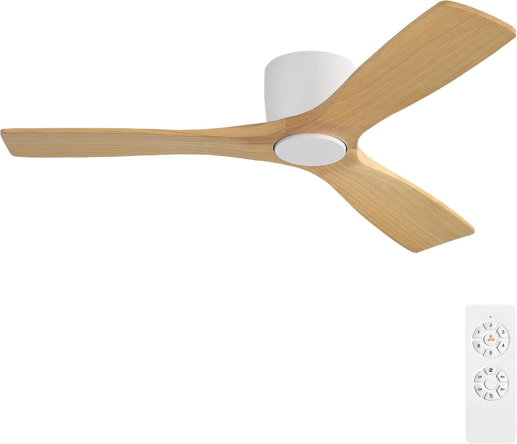 WINGBO 48 Inch Flush Mount DC Ceiling Fan without Lights, 3 Carved Wood Blades, 6-Speed Noiseless Reversible DC Motor, Hugger Ceiling Fan No Lights in White Finish with Oak Blades, ETL Listed