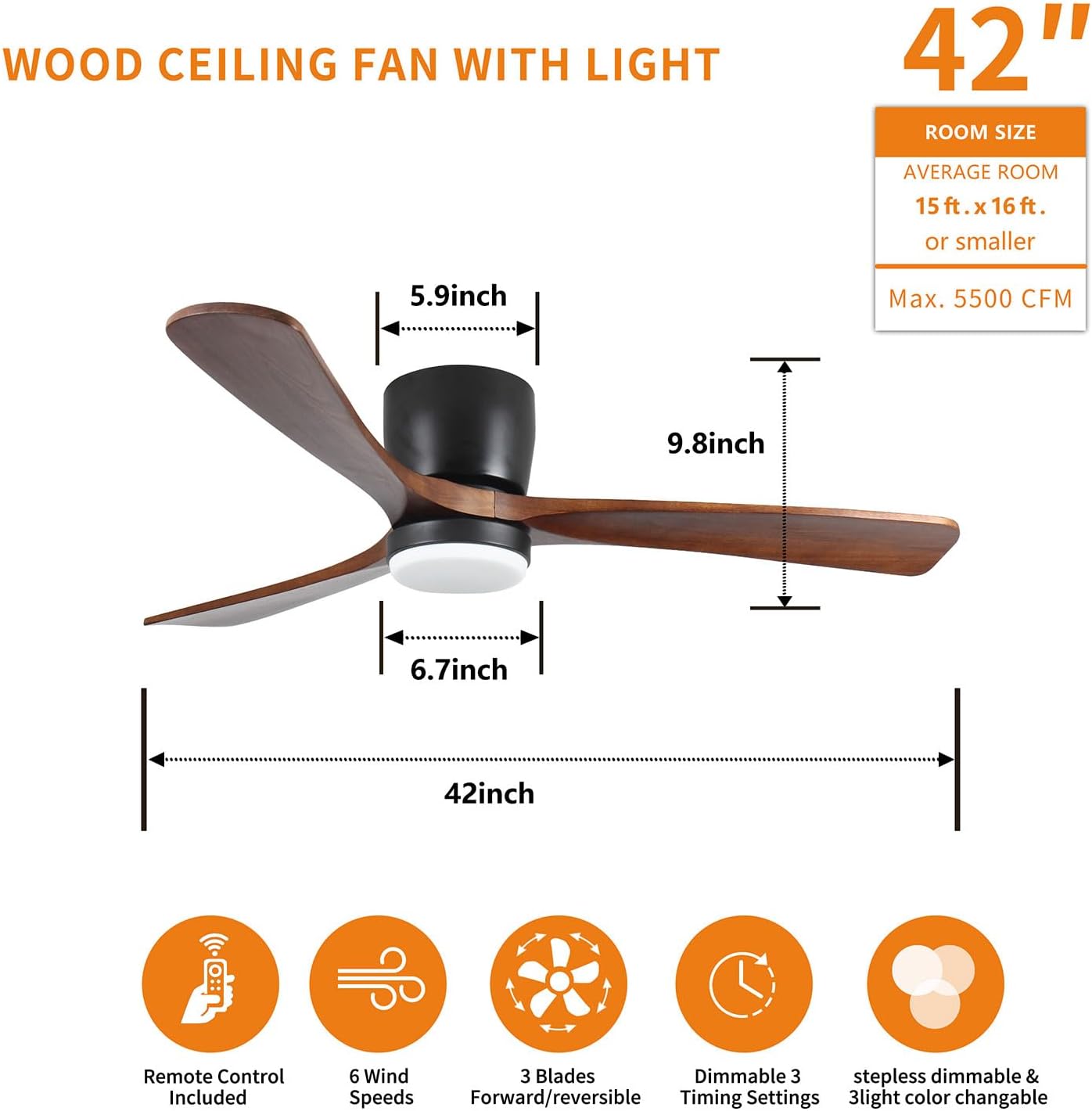 Ceiling Fan with Light 42 Inch, Flush Mount Low Profile Fan with Remote & App, Quiet DC Motor, 6 Speeds, Reversible Modern Fan for Bedroom Living Room Patio, Black dark Walnut