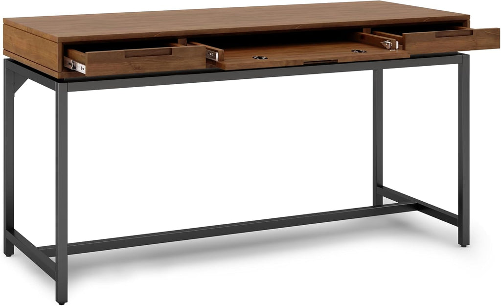 SIMPLIHOME Banting Desk - 60 Inch Wide Solid Wood and Metal Writing Desk in Medium Saddle Brown, Modern Industrial Home Office Computer Table for Study with 2 Drawers and Flip-Down Keyboard Tray