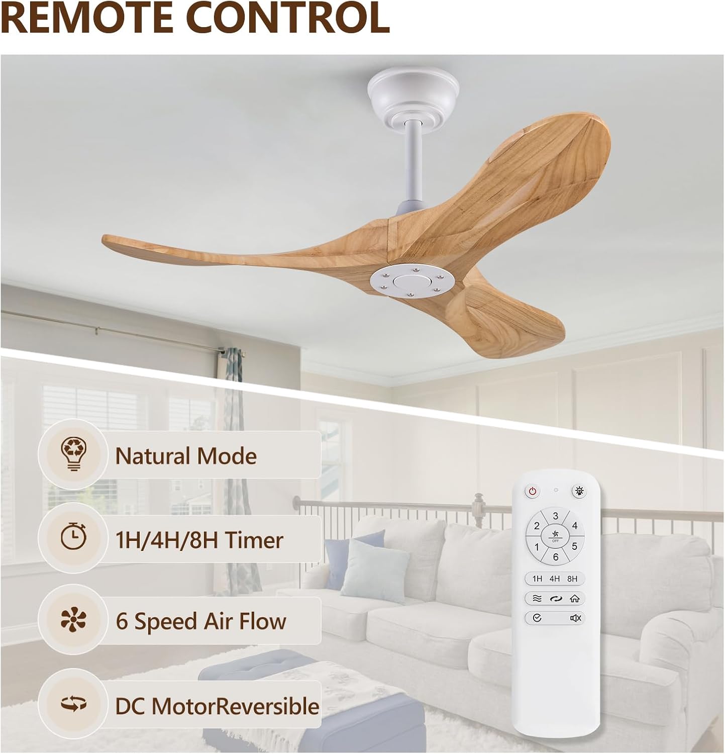 36 Inch Ceiling Fan no Light with Remote, Ceiling Fans without Lights, 3 Wooden Blades,Reversible DC Motor,6 Speeds,Outdoor Indoor Ceiling Fan for Patio Bedroom Farmhouse