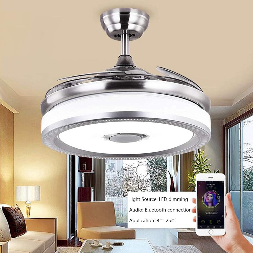 42' Modern Retractable Bluetooth Ceiling Fans with Lights and Remote Control, Invisible Chandelier Fan Lighting with Speaker Play Music 7 Colorful Dimmable Fixture for Bedroom/Living/Room