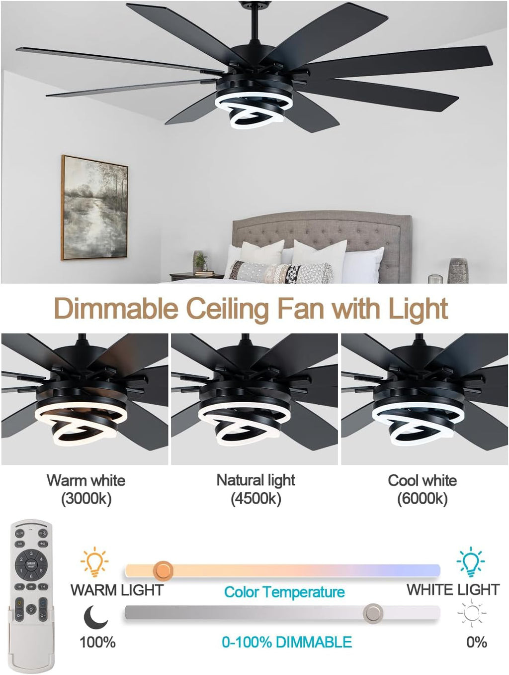 72 Inch Black Ceiling Fan with Lights and Remote Modern Fandelier Ceiling Fan Large Chandelier LED Light, Reversible Quiet DC Motor 3CCT Dimmable 6 Speed for Living Room Indoor Outdoor