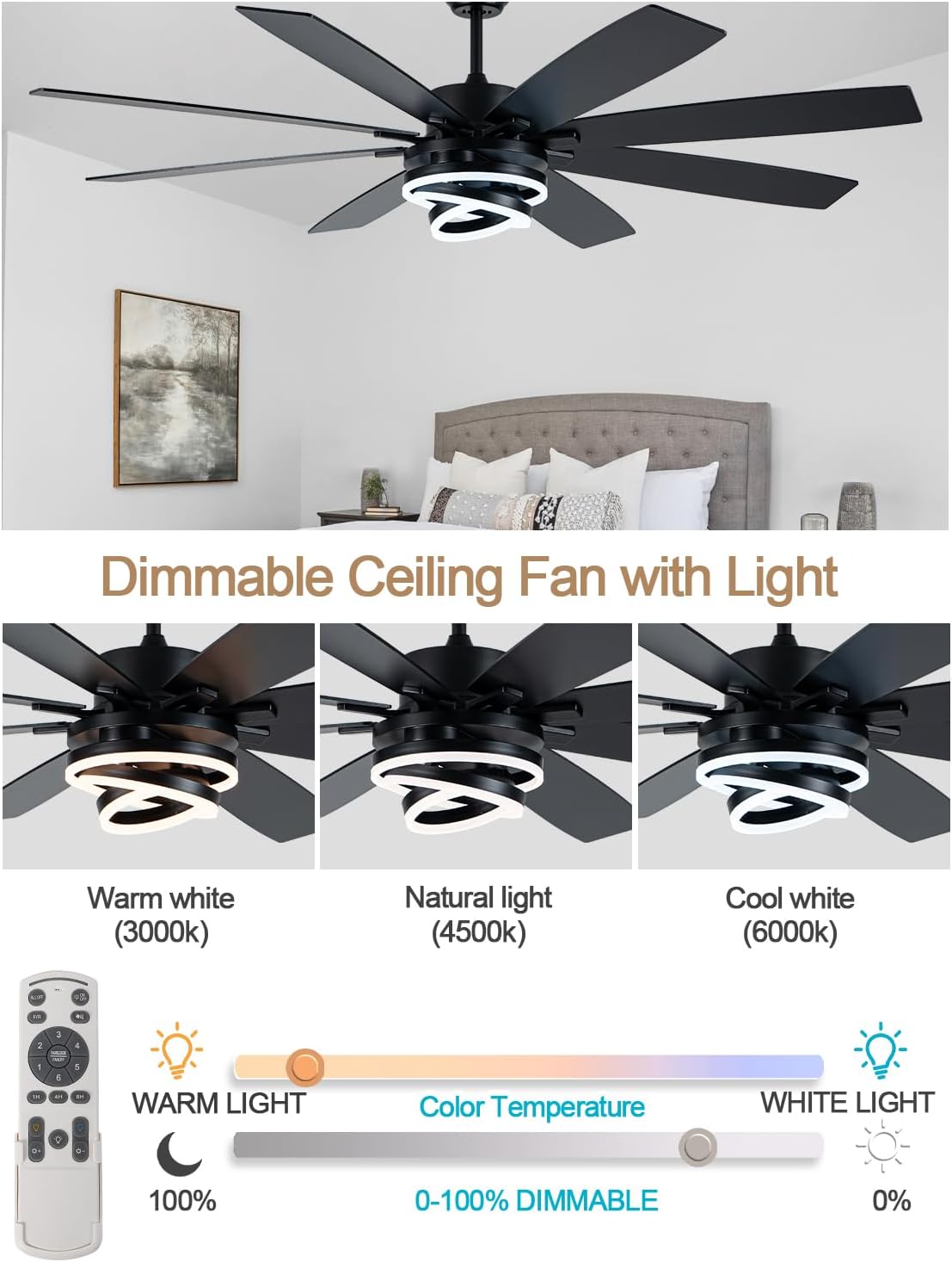 72 Inch Black Ceiling Fan with Lights and Remote Modern Fandelier Ceiling Fan Large Chandelier LED Light, Reversible Quiet DC Motor 3CCT Dimmable 6 Speed for Living Room Indoor Outdoor