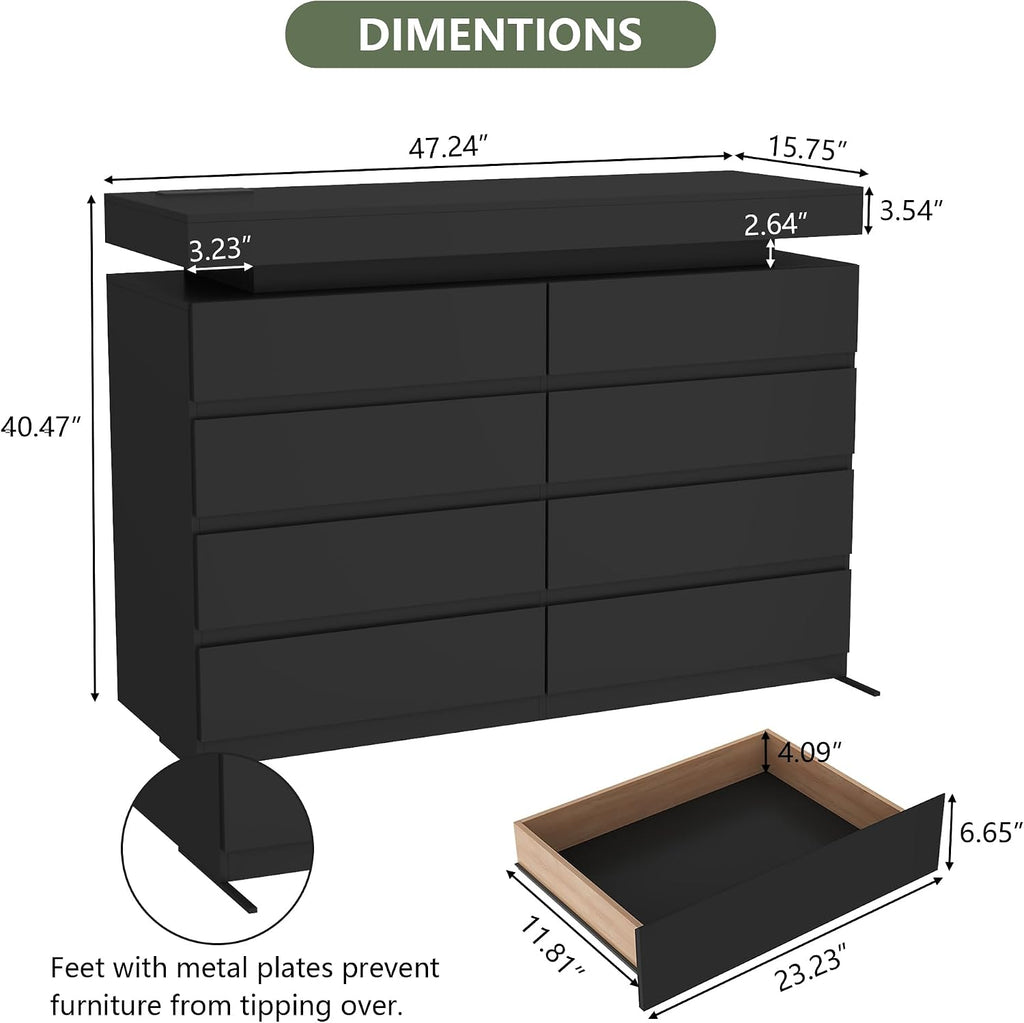 Gyfimoie 8 Drawer Dresser with Power Outlet, Dresser with LED Light, Modern Chest of Drawers for Closet, Double Wide Drawer Organizer Cabinet for Bedroom, Living Room (Black, 8 Drawers)