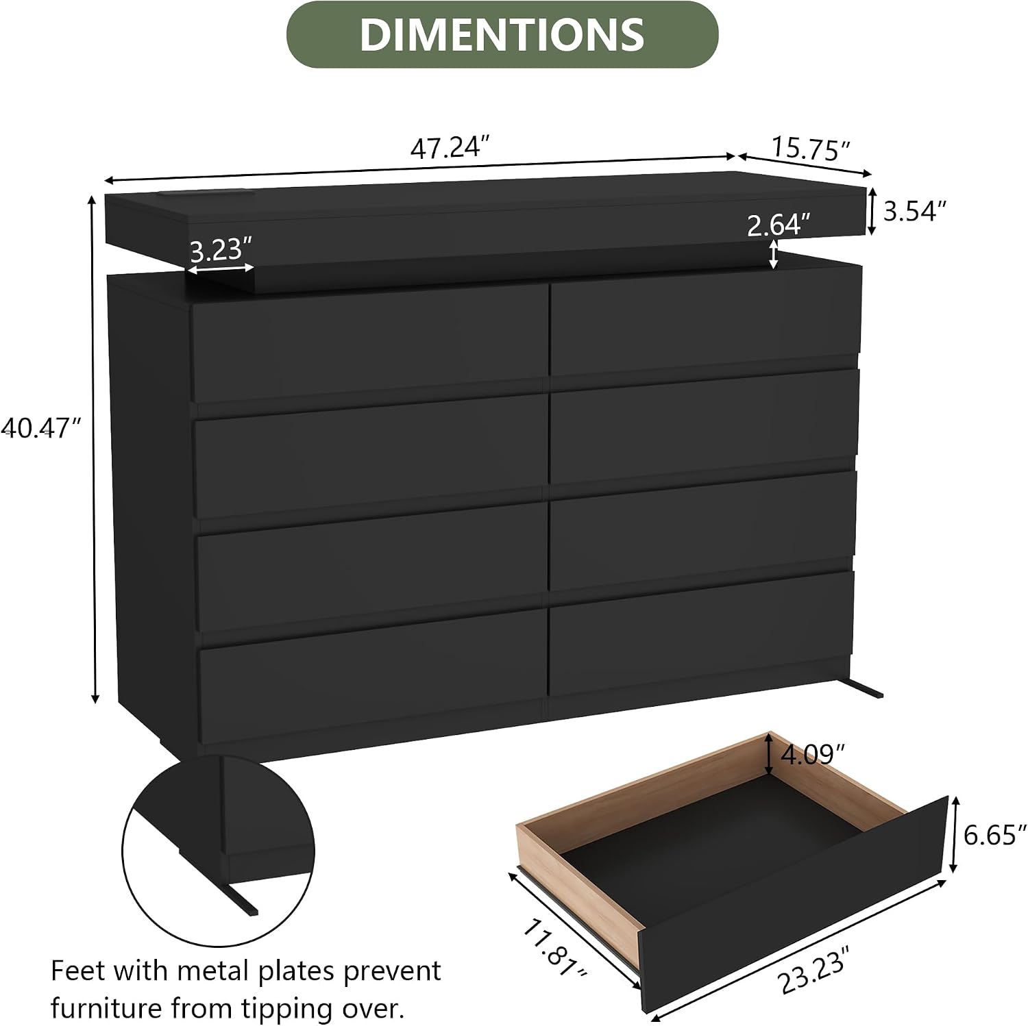 Gyfimoie 8 Drawer Dresser with Power Outlet, Dresser with LED Light, Modern Chest of Drawers for Closet, Double Wide Drawer Organizer Cabinet for Bedroom, Living Room (Black, 8 Drawers)