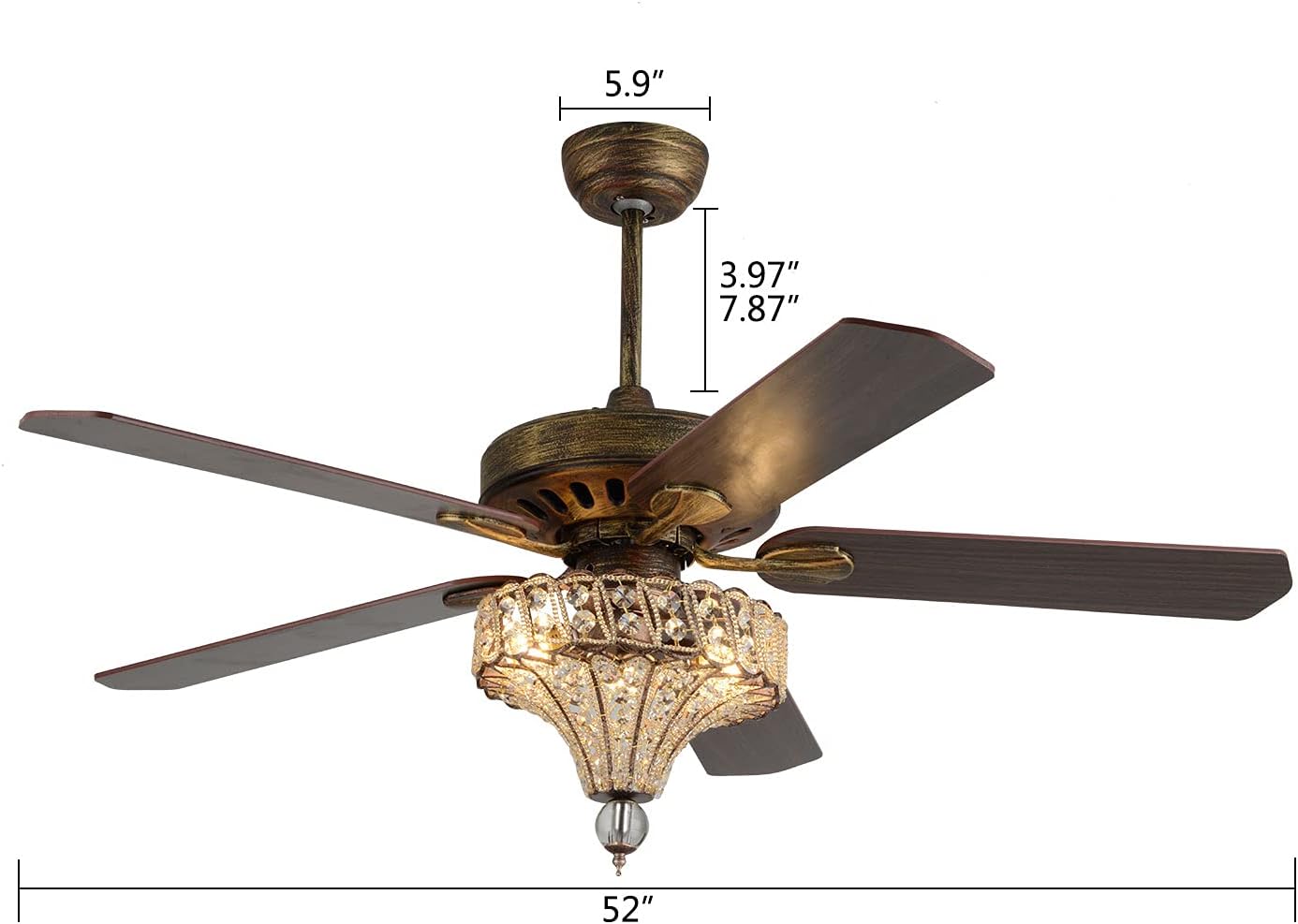 52 Inch Crystal Ceiling Fan, 3-Light Rustic Bronze Ceiling Fan with Lights, Reversible Retro 5 Wood Blades 3 Speeds Timer Light Fixture w/Remote for Kitchen Bedroom Living Room