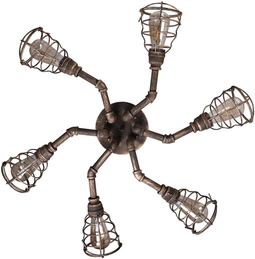 LITFAD Vintage Flush Mount Ceiling Light 6 Lights Industrial Cage Pipe Pendant Light Retro Iron Metal Ceiling Lamp Edison Close to Ceiling Light for Bedroom Dining Room Restaurant