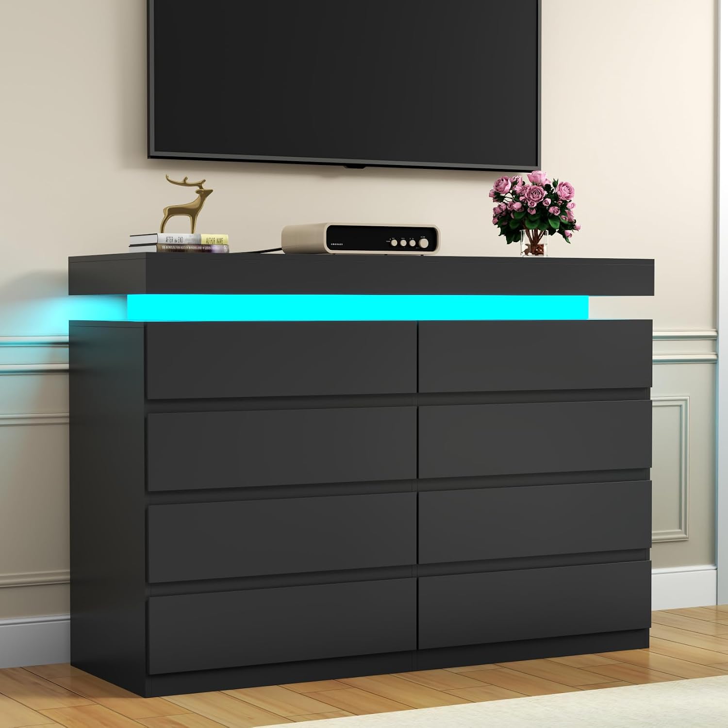 Gyfimoie 8 Drawer Dresser with Power Outlet, Dresser with LED Light, Modern Chest of Drawers for Closet, Double Wide Drawer Organizer Cabinet for Bedroom, Living Room (Black, 8 Drawers)