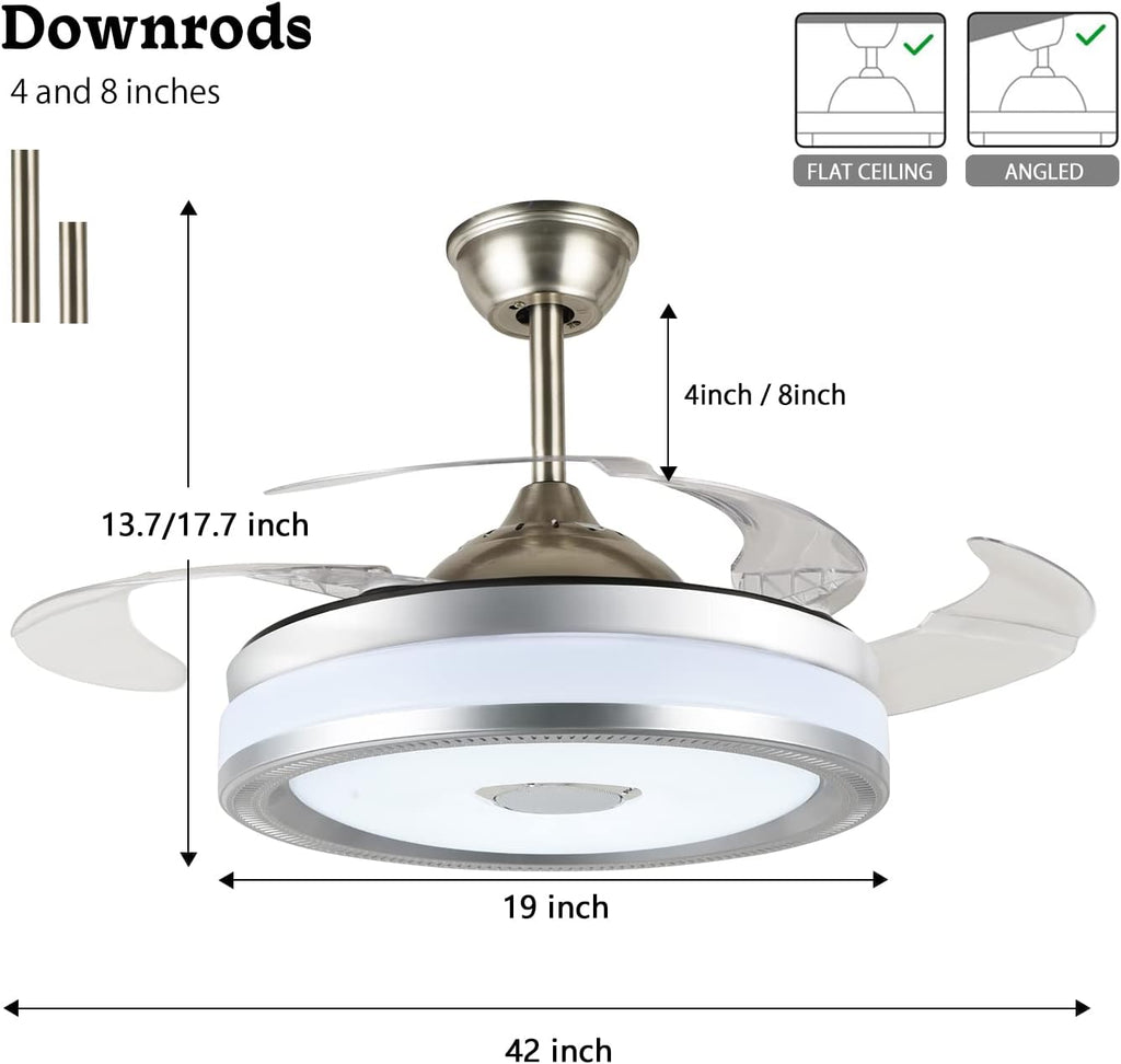 42' Modern Retractable Bluetooth Ceiling Fans with Lights and Remote Control, Invisible Chandelier Fan Lighting with Speaker Play Music 7 Colorful Dimmable Fixture for Bedroom/Living/Room