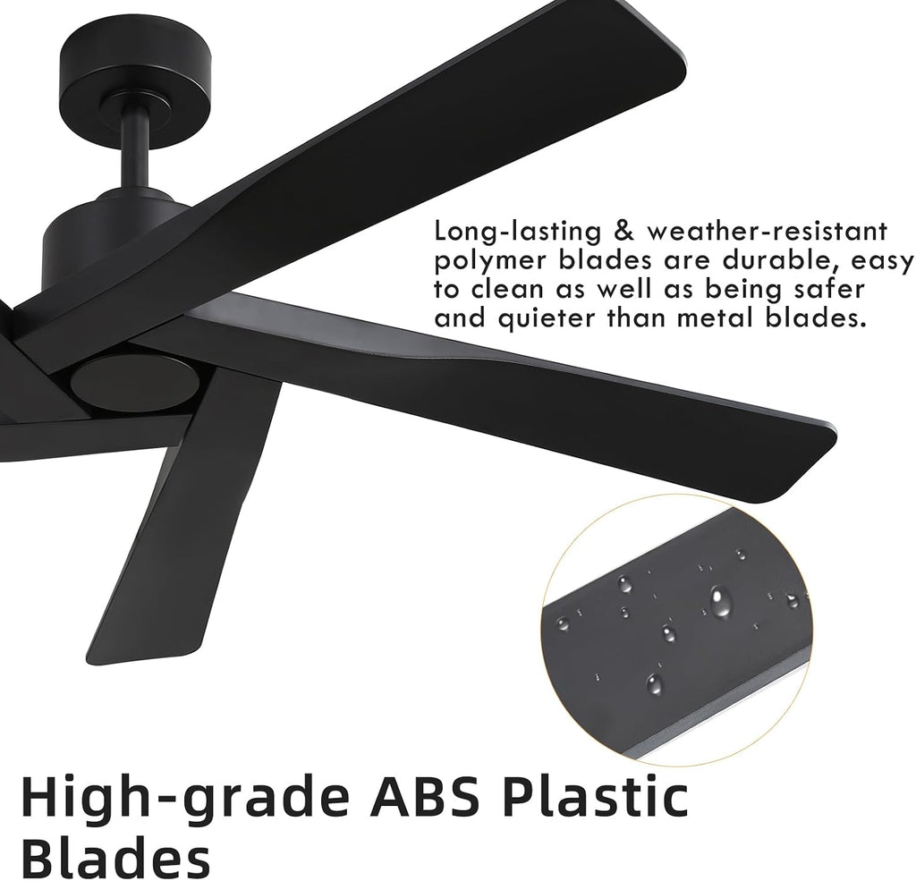 WINGBO 54' ABS DC Ceiling Fan No Light, 5 Blade ABS Plastic Ceiling Fan with Remote, 6-Speed Reversible DC Motor, Ceiling Fans without Light for Kitchen Bedroom Living Room, Matte Black