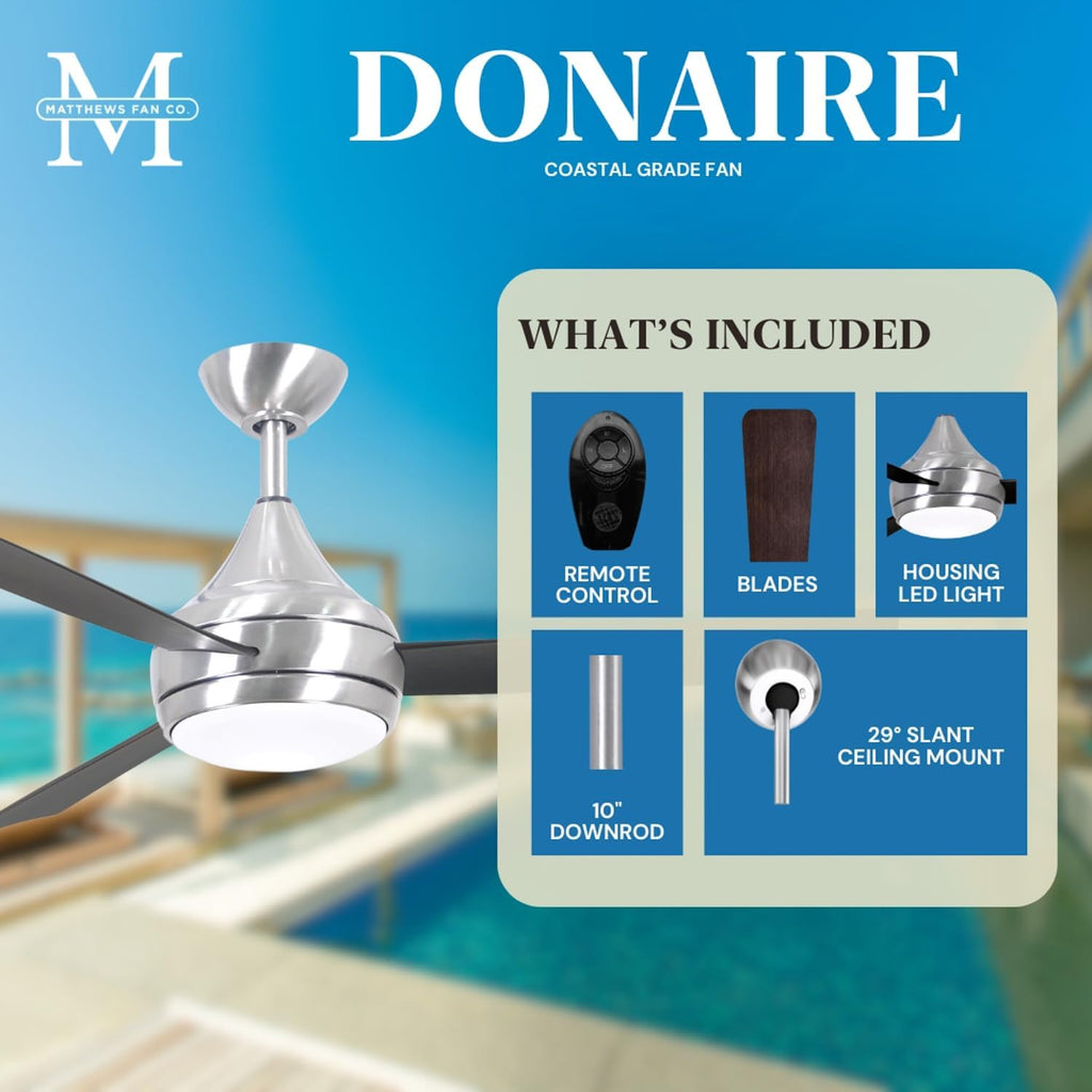 Matthews DA-BS-BB Donaire Outdoor Wet/Salt Water Rated 52' Marine-Grade Coastal Ceiling Fan with LED Light & Remote, Brushed Stainless with Brushed Bronze