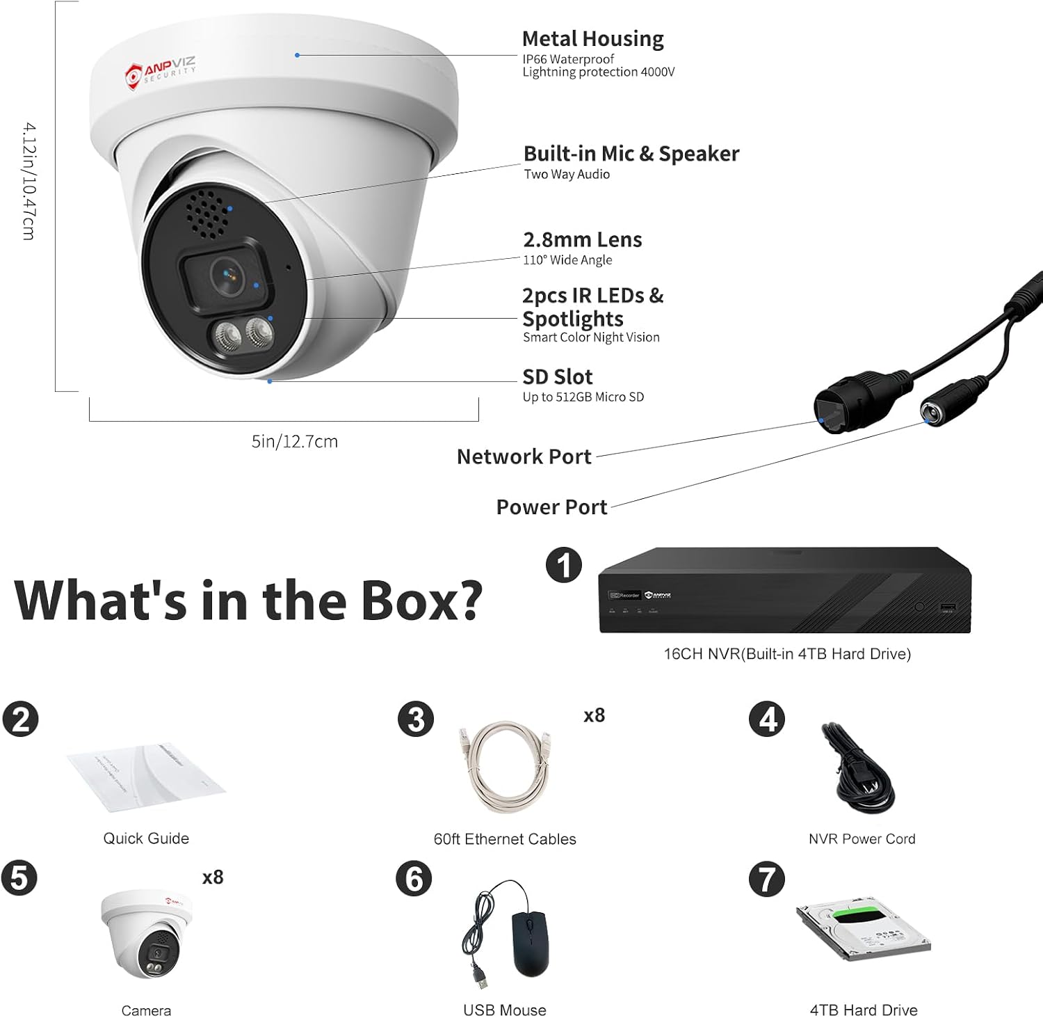 Anpviz 16 Channel NVR PoE Security Camera System with Two Way Audio, AI Human Vehicle Detection, 8x 4K 8MP Wired IP Turret Cameras Outdoor, 16CH 12MP PoE NVR with 4TB HDD, CCTV for Business Home, NDAA