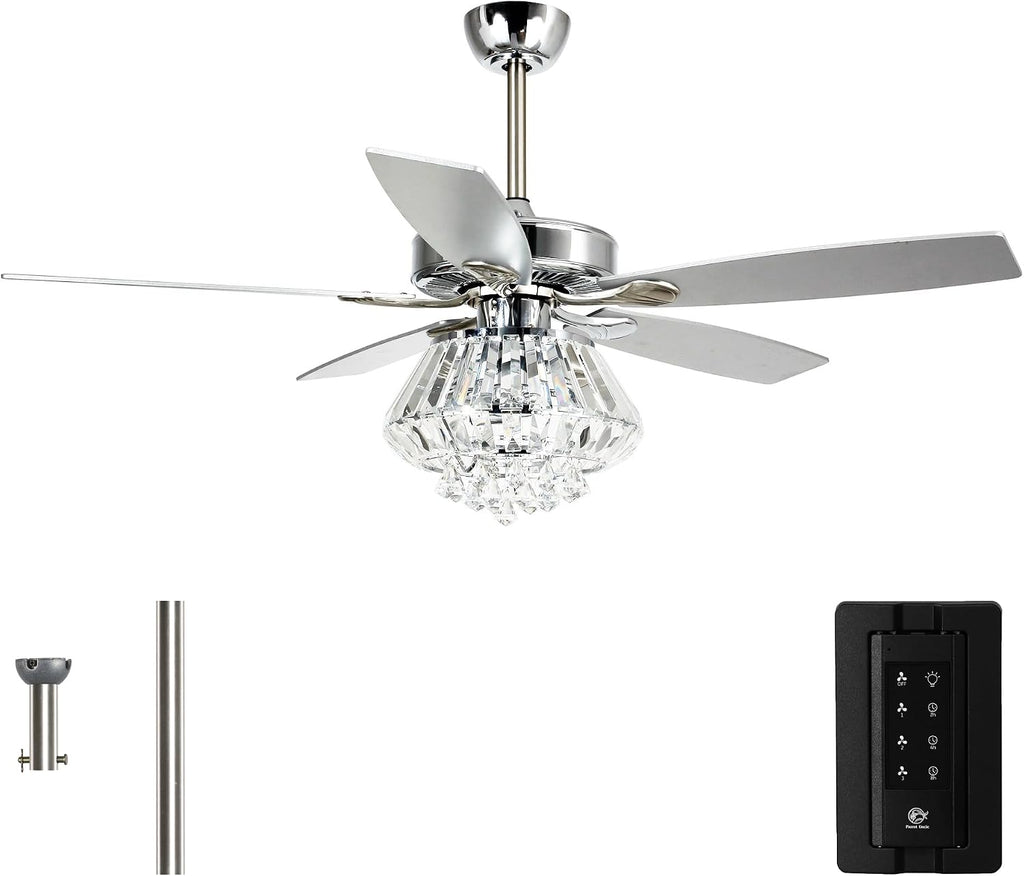 Parrot Uncle Ceiling Fans with Lights and Remote, 52 Inch Crystal Chandelier Lighting Ceiling Fans for Bedroom Living Room, Ventiladores De Techo Modernos, Reversible 5 Blades, Timer, Silver