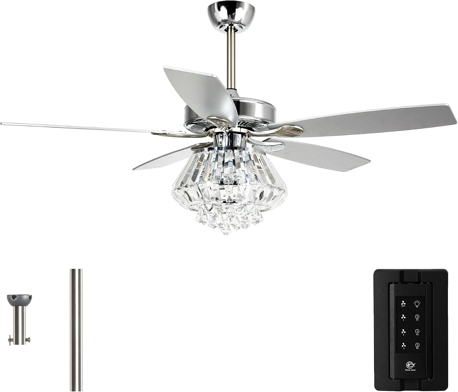 Parrot Uncle Ceiling Fans with Lights and Remote, 52 Inch Crystal Chandelier Lighting Ceiling Fans for Bedroom Living Room, Ventiladores De Techo Modernos, Reversible 5 Blades, Timer, Silver