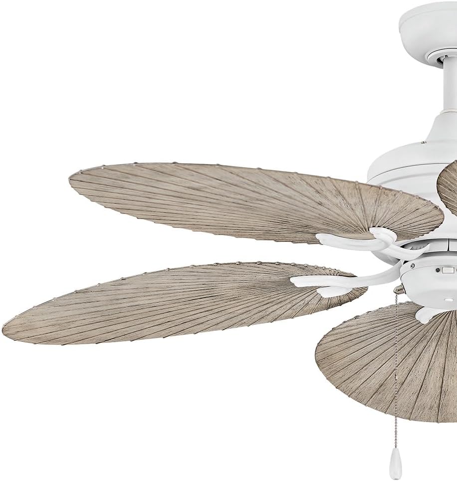 Hinkley Tropic Air 52' Indoor and Outdoor Ceiling Fan, Five Blades, DC 4 Speed Motor, Matte White and Palm-Shaped Weathered Wood Composite Fan Blades