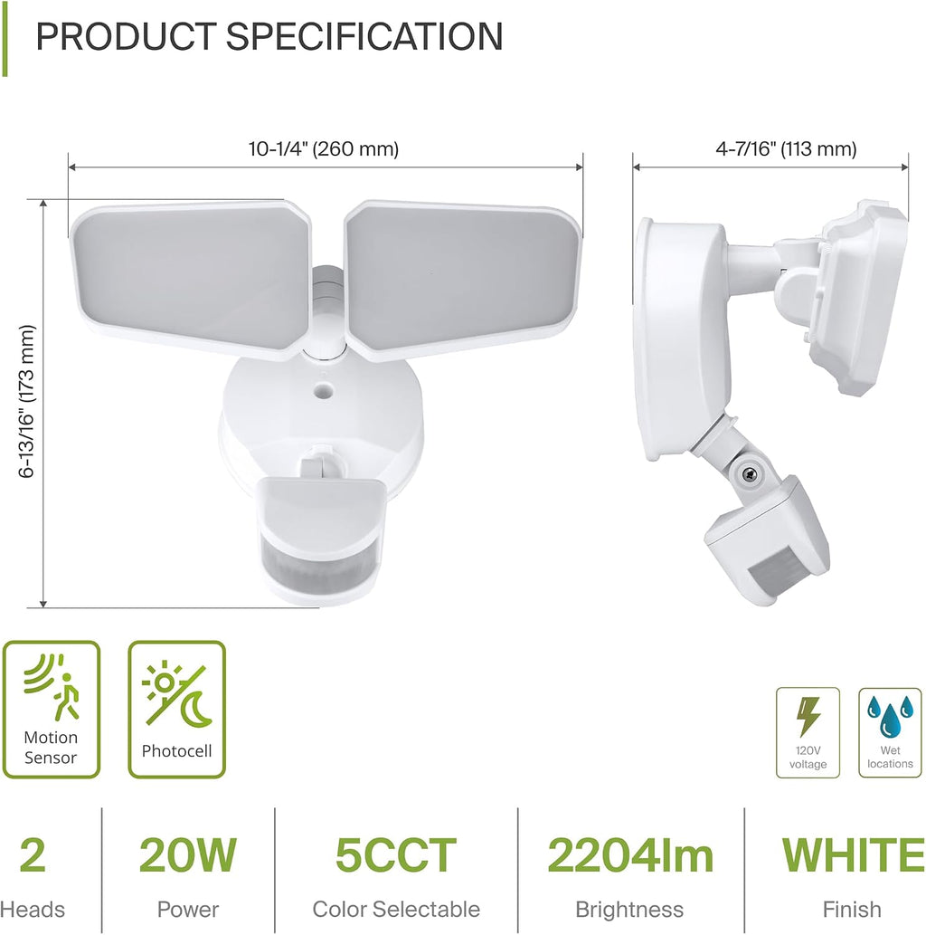 ASD LED Motion Sensor Outdoor Lights, 20W 5 CCT Flood Lights Outdoor, Dusk to Dawn Motion Lights for Outside with Photocell, Wired Security Lighting for Porch, House, Garage, UL DLC, White, 8 Pack