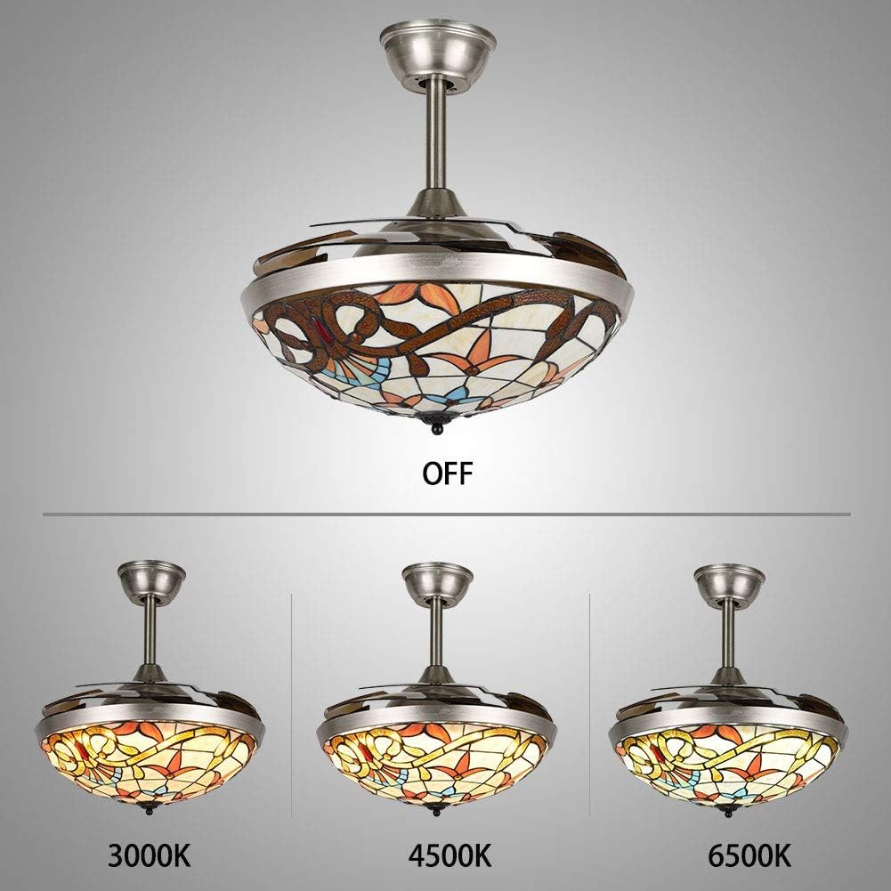 Fandian 42' Ceiling Fan with Lights Remote Control Modern Retractable Chandelier, 3 Color Lighting with Stained Glass shade Fandeliers Fixtures for Living/Bedroom