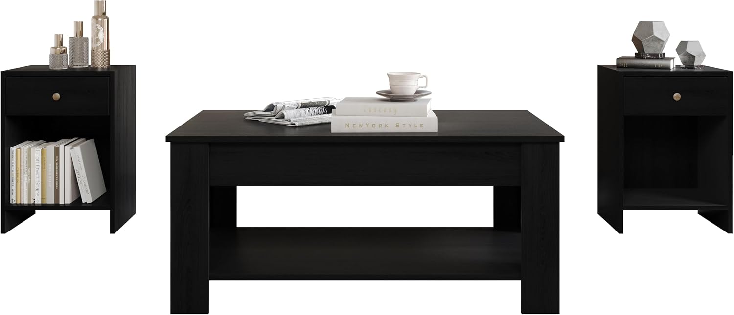 HOME DESIGN Magnolia 3 Piece Coffee Table Set, Lift-Top Coffee Table with Hidden Storage and 2 End Tables, Living Room Wood Furniture, Black