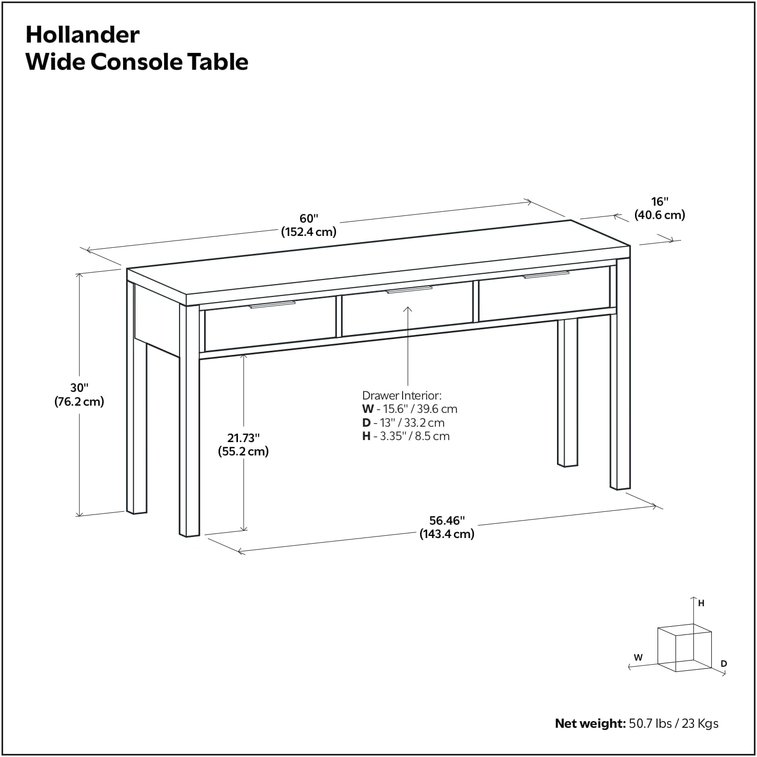 SIMPLIHOME Hollander Console Table - 60 Inch Wide Solid Wood Sofa Table in Black, Contemporary Storage Table for Entryway or Living Room with 3 Drawers and Sleek Metal Hardware