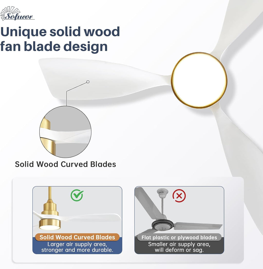 Sofucor 48 Inch Smart Ceiling Fan with Lights and Remote/APP Control, Compatible with Alexa/Google, 3 Blade White Glod Solid Wood Low Profile Ceiling Fan for Indoor Outdoor Bedroom Farmhouse Patio