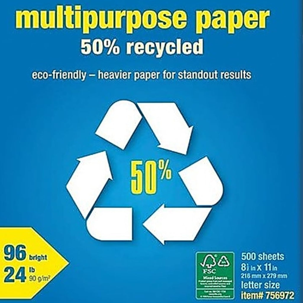 Staples 50% Recycled 8.5-Inch x 11-Inch Multipurpose Paper 24 lbs 96 Bright, 10 RM/CT, For Office, School & Home