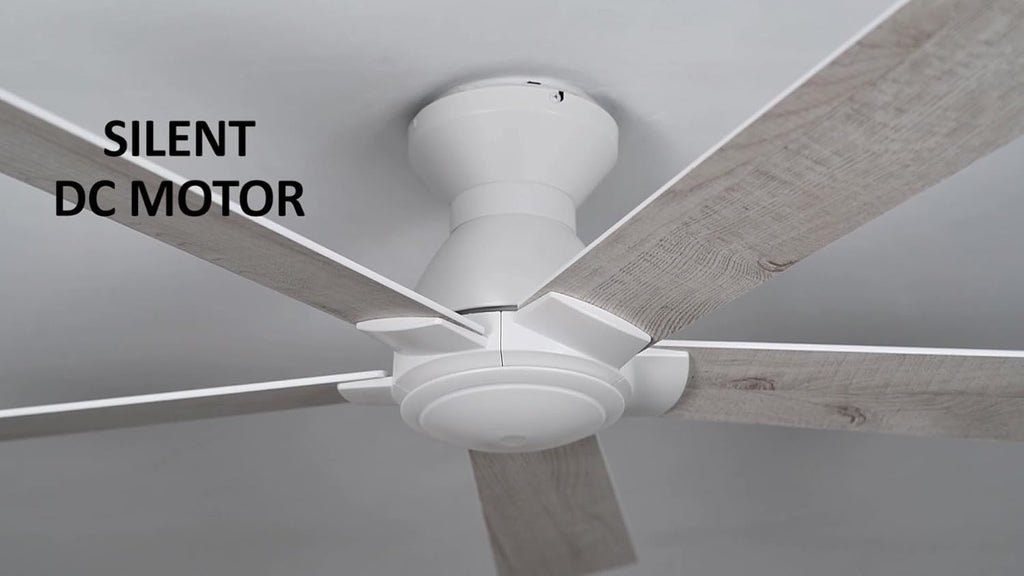 Carro 52 Inch Flush Mount Ceiling Fan without Lights, White Ceiling Fan with Remote Low Profile, 10-Speed Reversible DC Motor, 5 Wood Finish Blades, Indoor for Bedroom
