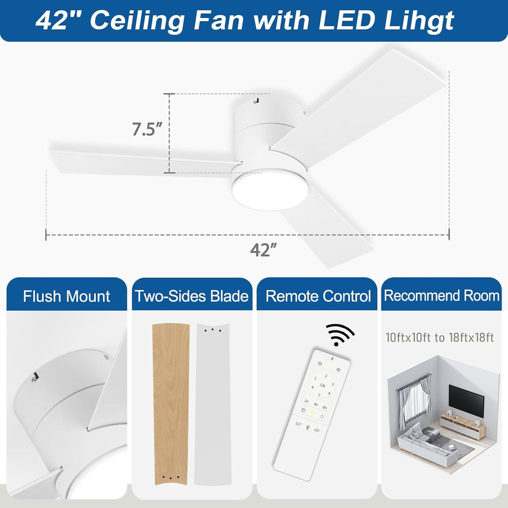 GESUM 42 Inch Ceiling Fan with Lights, Flush Mount Ceiling Fans with Remote Control, Dimmable, 3CCT, Reversible, White Outdoor Ceiling Fans for Patios Bedroom Kitchen Porch