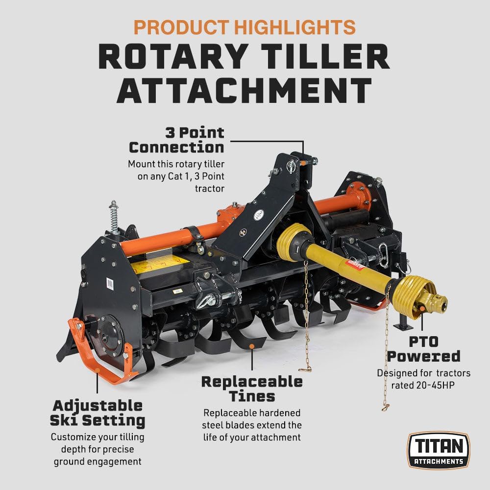 Titan Attachments 3 Point 48' Rotary Tiller Attachment Fits Cat 1 Tractors, Charcoal Finish, Single Speed PTO Driven Cultivator with a 540 RPM Gearbox, Replaceable L-Shaped Tines Work 5' Deep