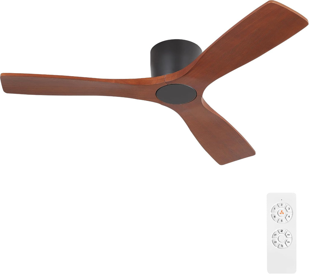 WINGBO 48 Inch Flush Mount DC Ceiling Fan without Lights, 3 Carved Wood Blades, 6-Speed Noiseless Reversible DC Motor, Hugger Ceiling Fan No Lights in Black Finish with Walnut Blades, ETL Listed