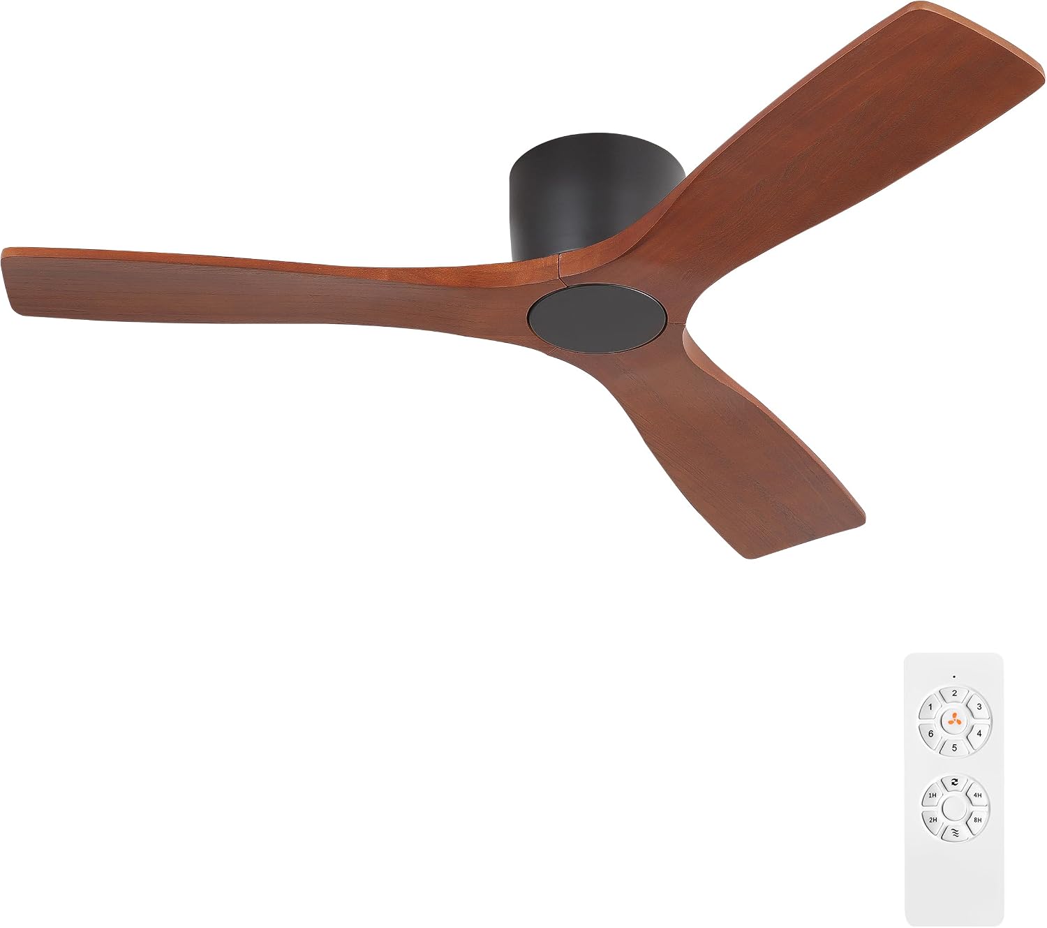 WINGBO 48 Inch Flush Mount DC Ceiling Fan without Lights, 3 Carved Wood Blades, 6-Speed Noiseless Reversible DC Motor, Hugger Ceiling Fan No Lights in Black Finish with Walnut Blades, ETL Listed