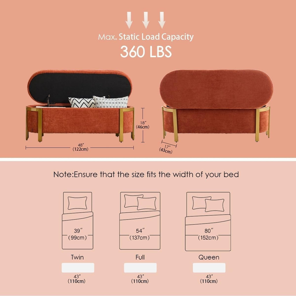 Hyfirm 48' Burnt Orange Storage Ottoman Bench – Oval Upholstered Stool with Gold Legs & Padded Seat, Long Settee for Living Room, Bedroom, End of Bed, Entryway, Hallway