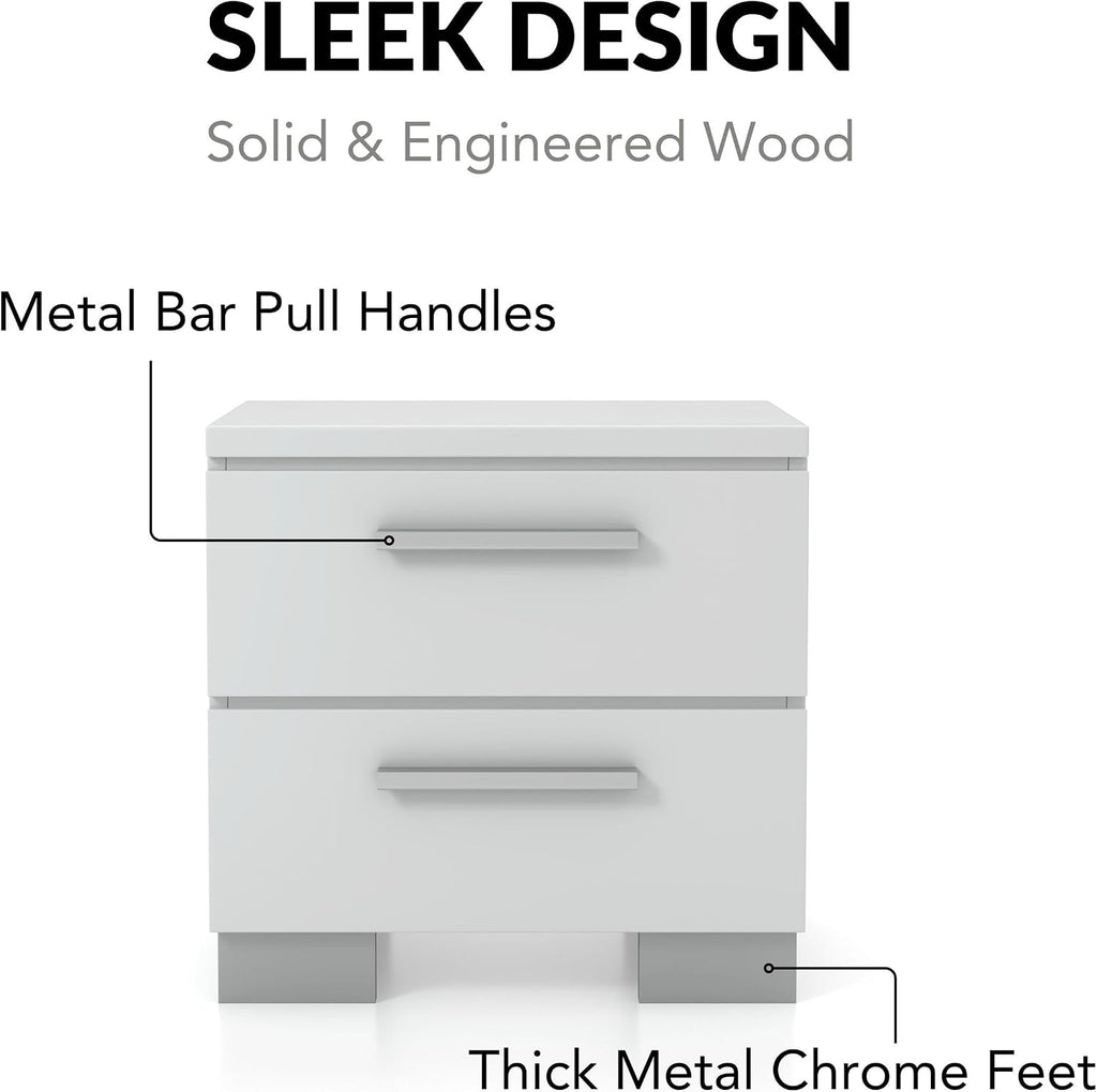 HOMES: Inside + Out Aria High Gloss Lacquer Finish 2-Drawer Nightstand, Glossy White