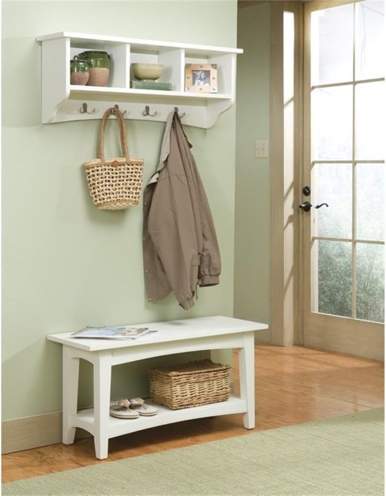 Alaterre Furniture Shaker Cottage Wall Mounted Storage Cubbies, Ivory Coat Hook and Bench Set