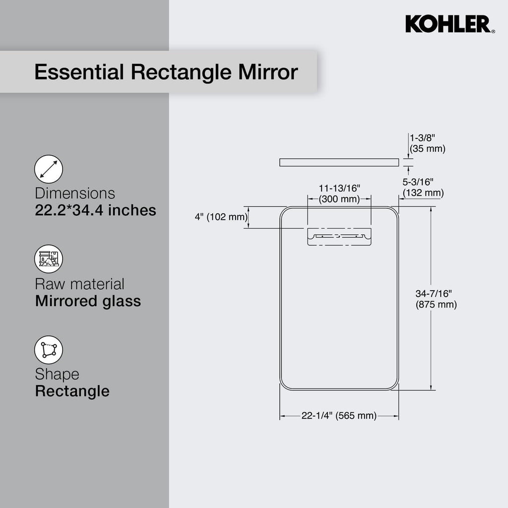 Kohler 26052-BLL Essential Rectangular Bathroom Mirrors, Bathroom Mirrors for Over Sink, 22 in. W x 34 in. H, Matte Black