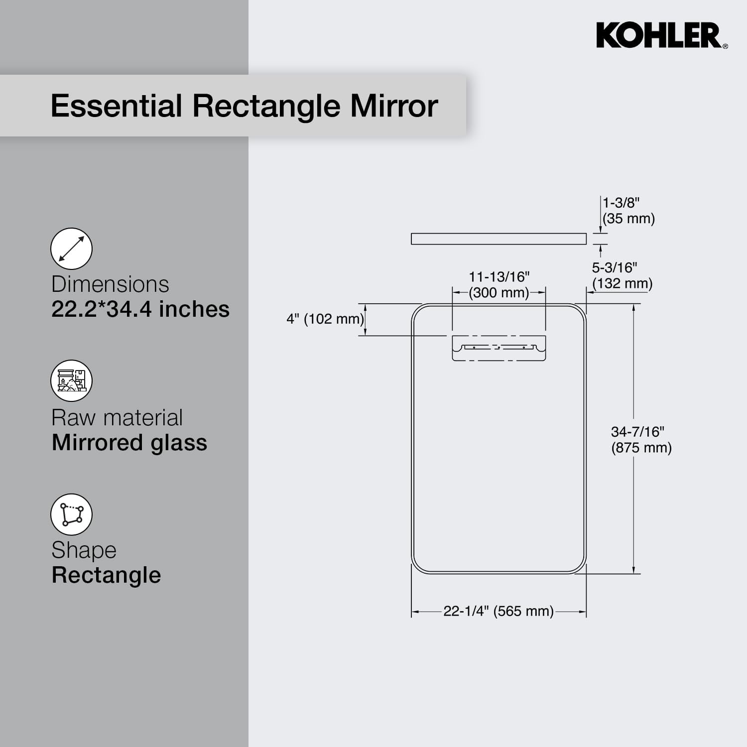 Kohler 26052-BLL Essential Rectangular Bathroom Mirrors, Bathroom Mirrors for Over Sink, 22 in. W x 34 in. H, Matte Black