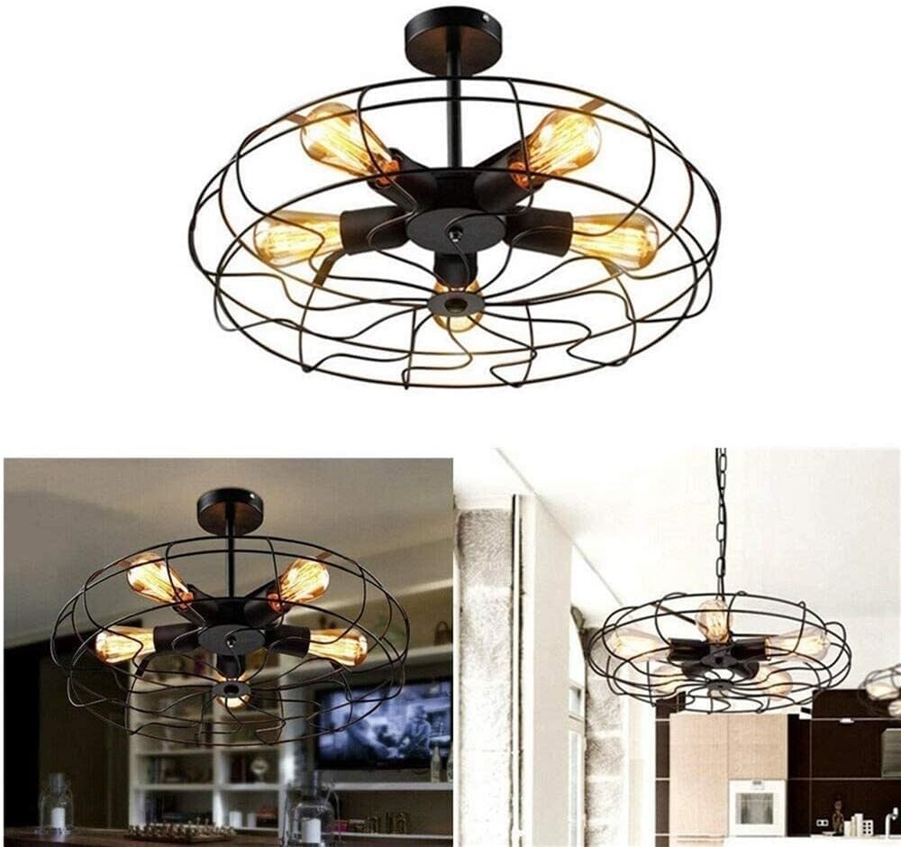 Industrial Semi Flush Mount Ceiling Light,Vintage Metal Cage Chandelier, Retro Fan Blade Design Hanging Lighting Fixture, for Kitchen Island, Dining Room