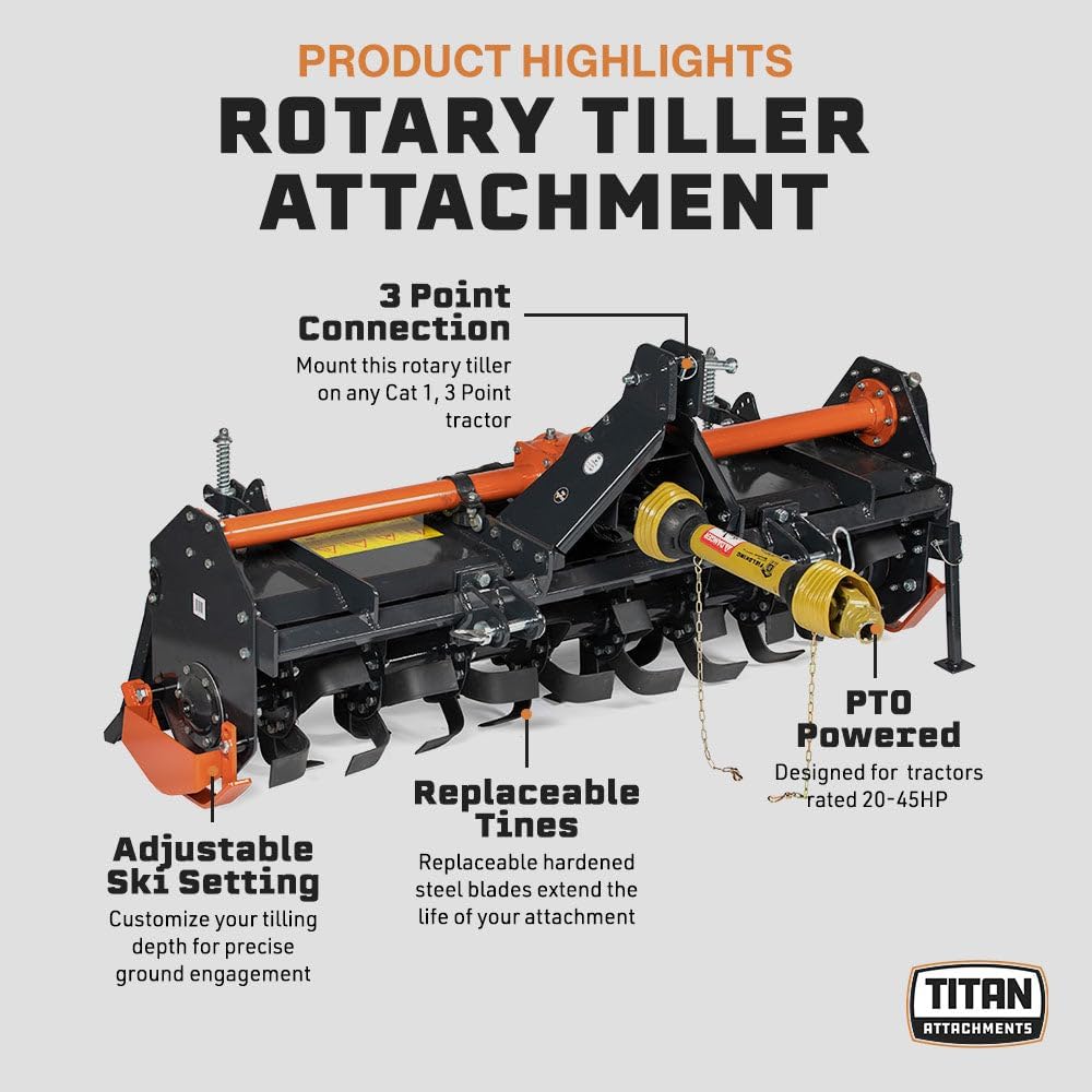 Titan Attachments 3 Point 60' Rotary Tiller Attachment Fits Cat 1 Tractors, Charcoal Finish, Single Speed PTO Driven Cultivator with a 540 RPM Gearbox, Replaceable L-Shaped Tines Work 5' Deep